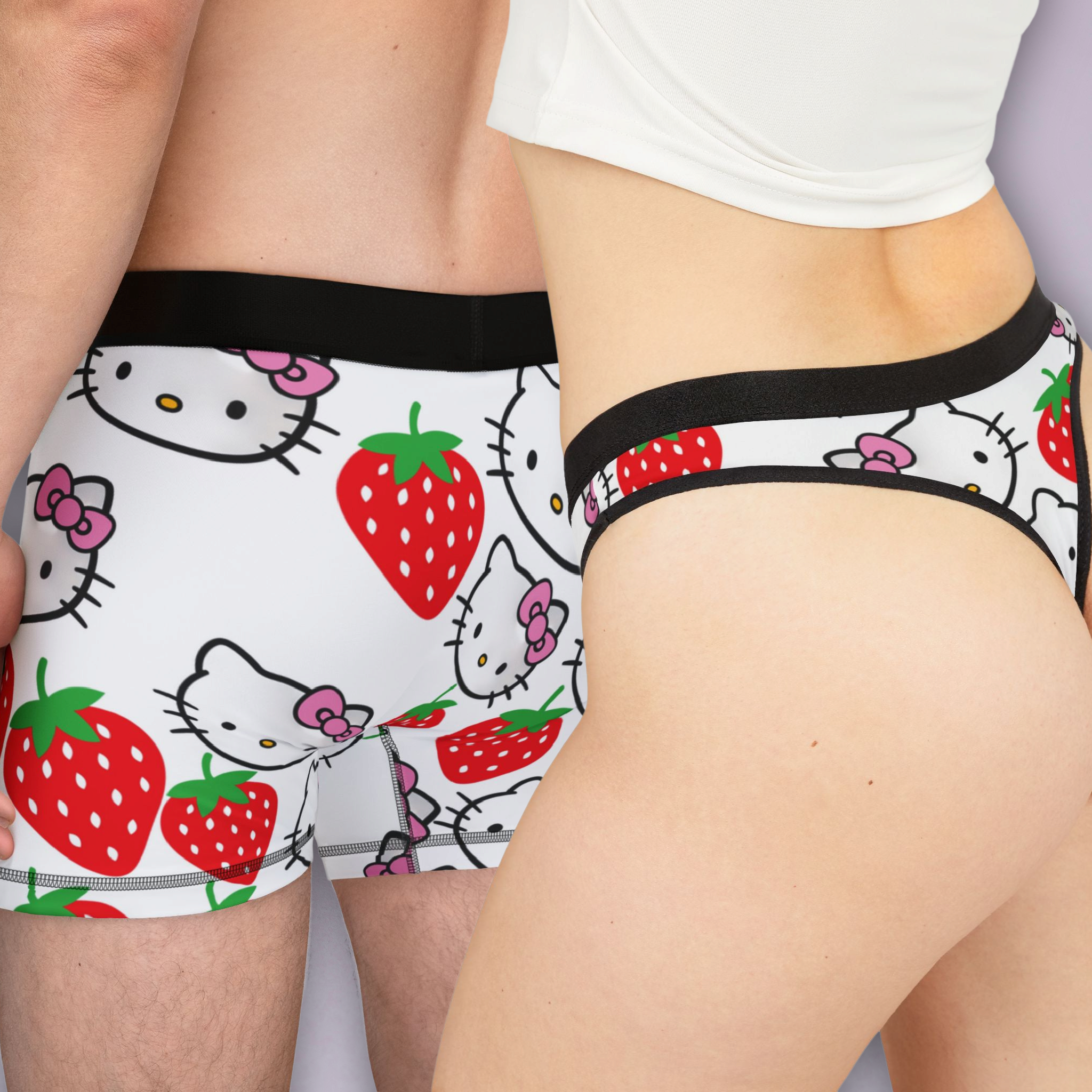 Couples matching  kitty strawberry white character underwear set boxer and thong