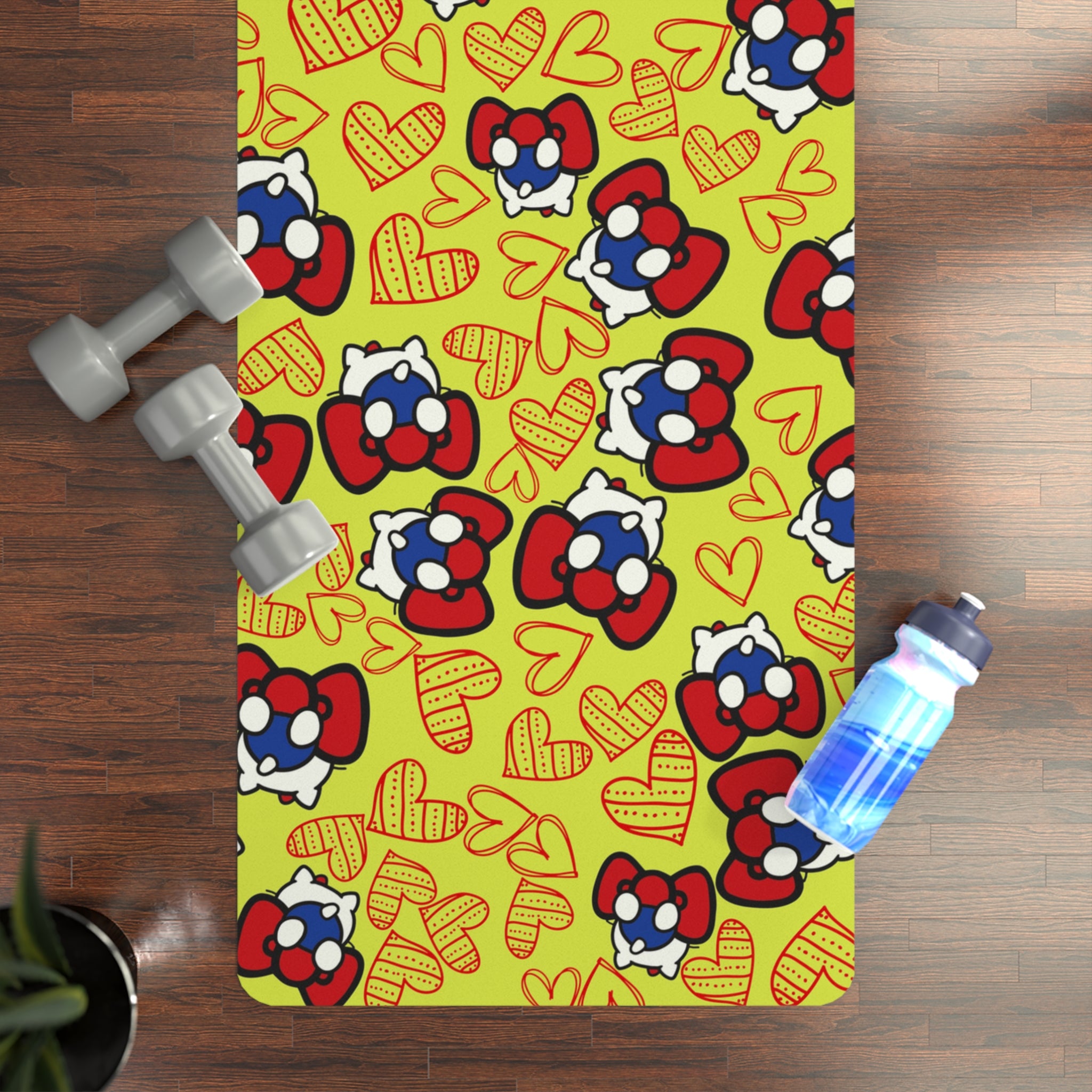 Rubber yoga mat cherry kitty back heart yellow