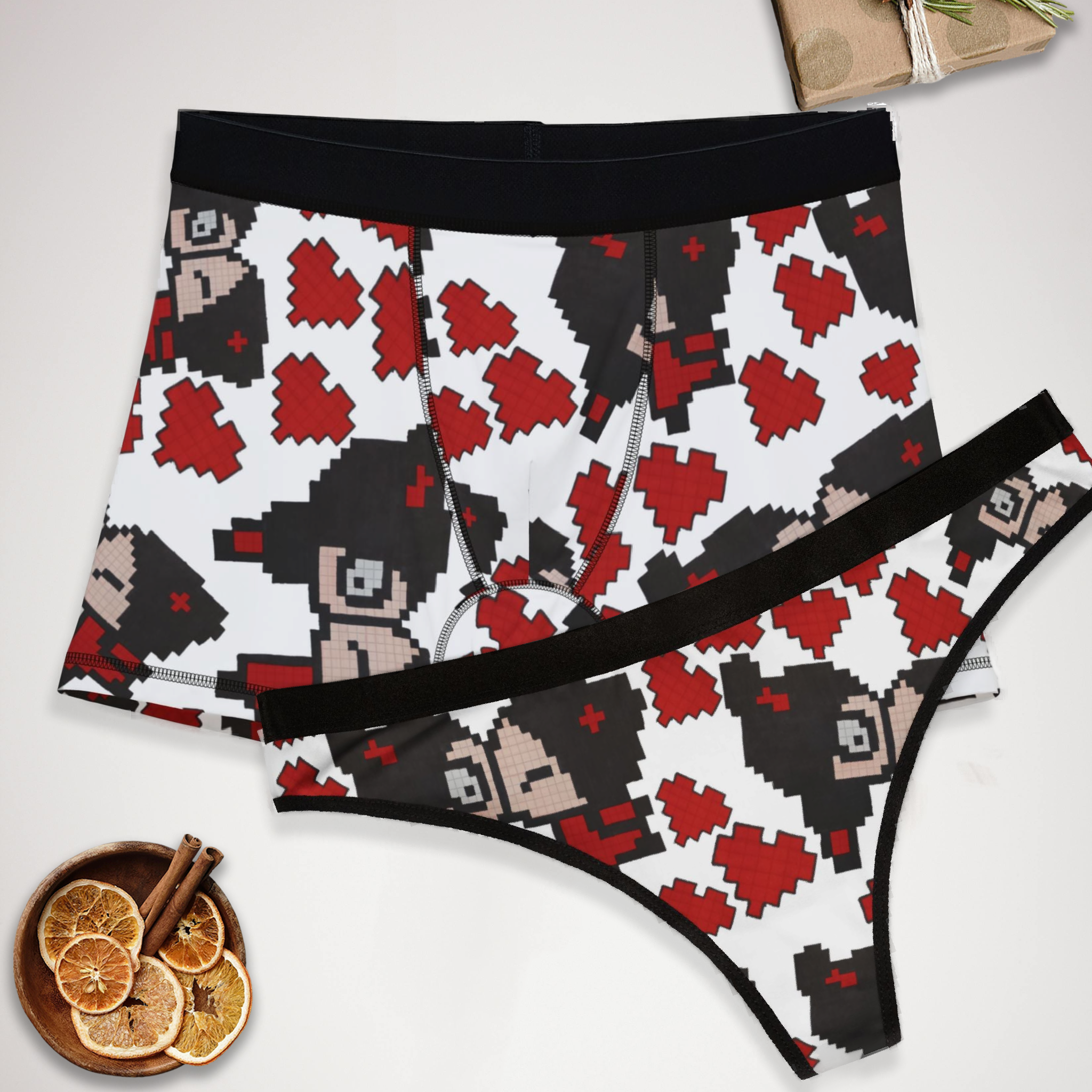 Couples matching  pixel pucca kiss heart underwear set boxer and thong