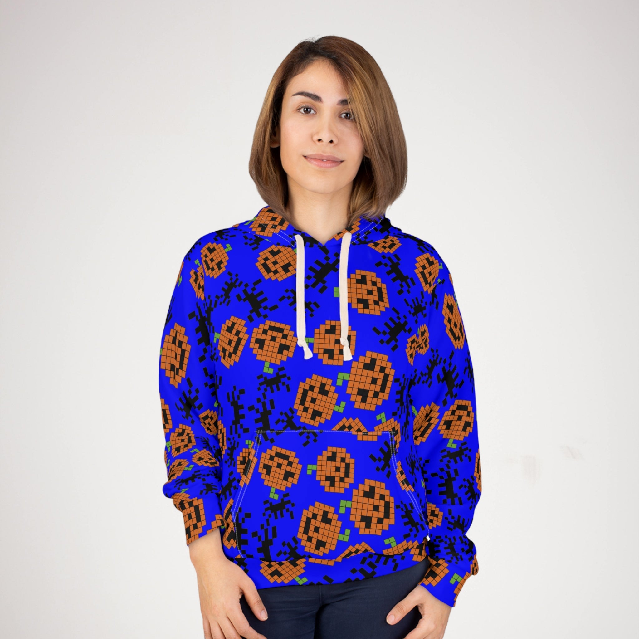 Unisex pullover hoodie pumpkin spider pixel halloween blue