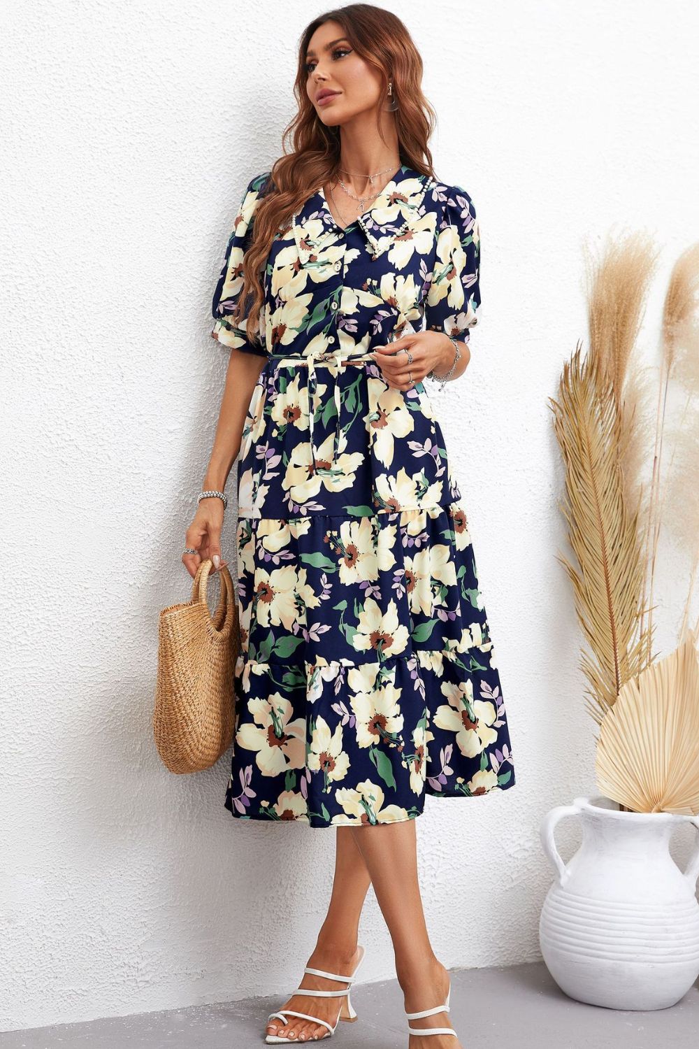Summer Chic: Floral Collared Neck Tiered Midi Dress for Beach Wedding Guests and Party-Goers