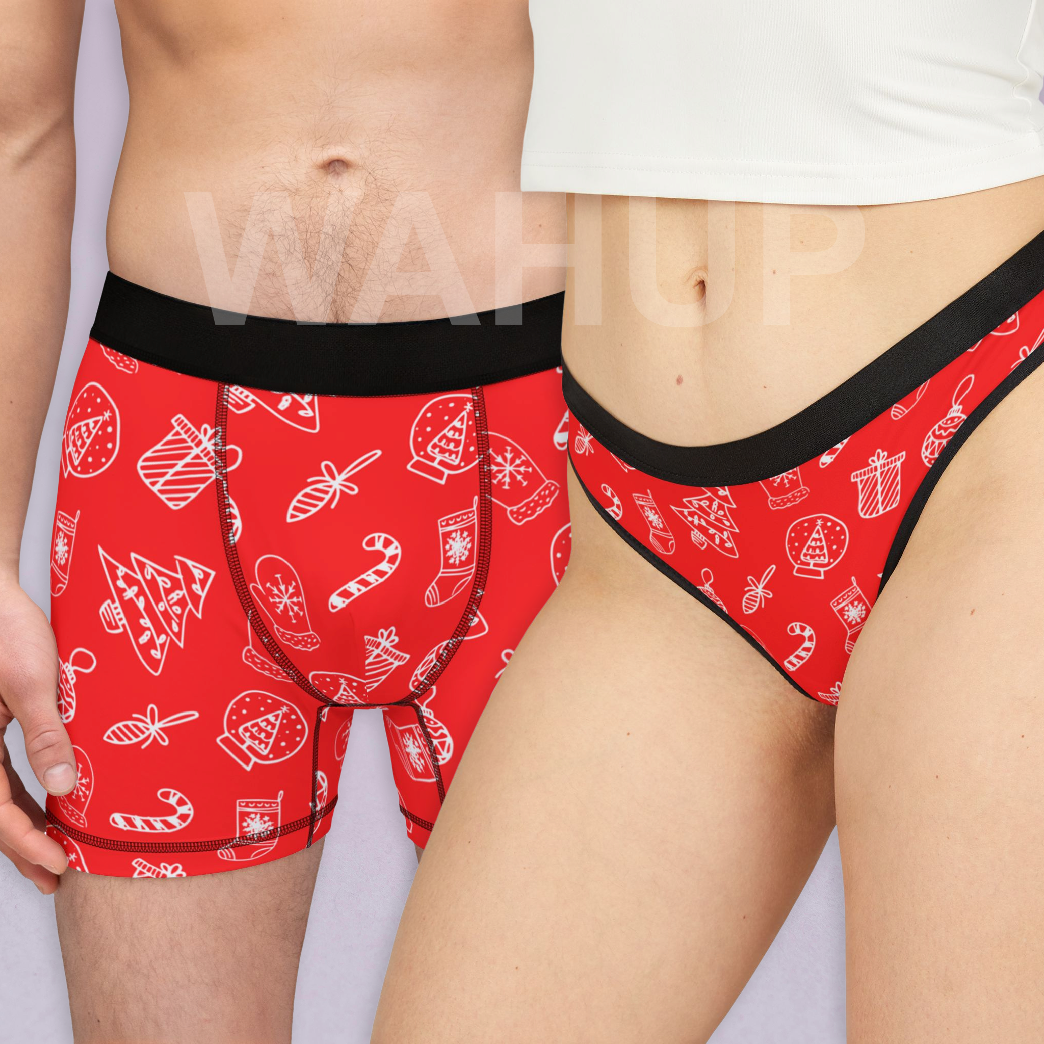 Matching underwear Red White Christmas for couples boxer & thong set