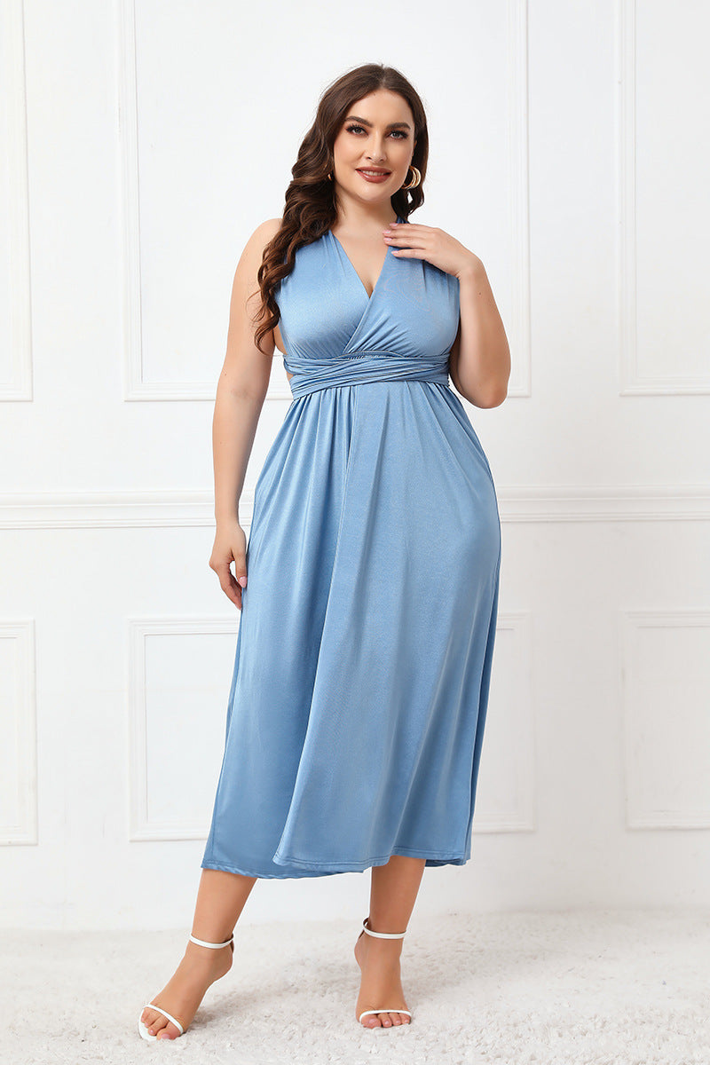Elegant Plus Size Tied Surplice Sleeveless Midi Dress for Beach Wedding Guest - Perfect for Summer Events