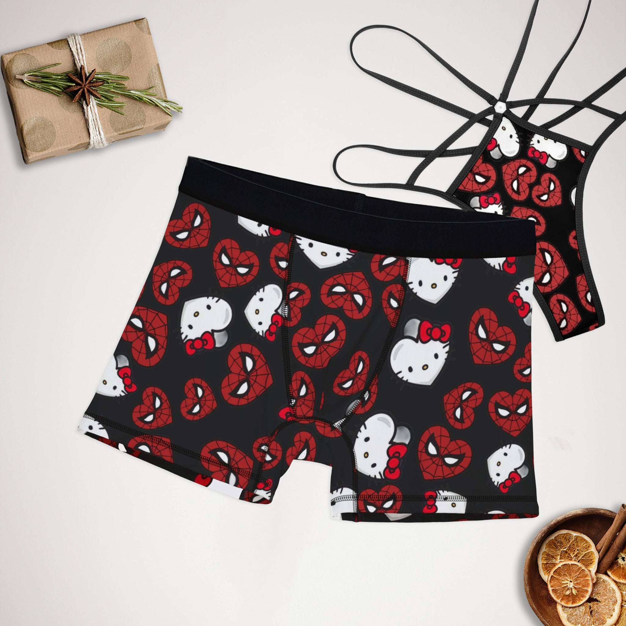 Couples matching spider kitty double hearts underwear, boxer & t-back thong