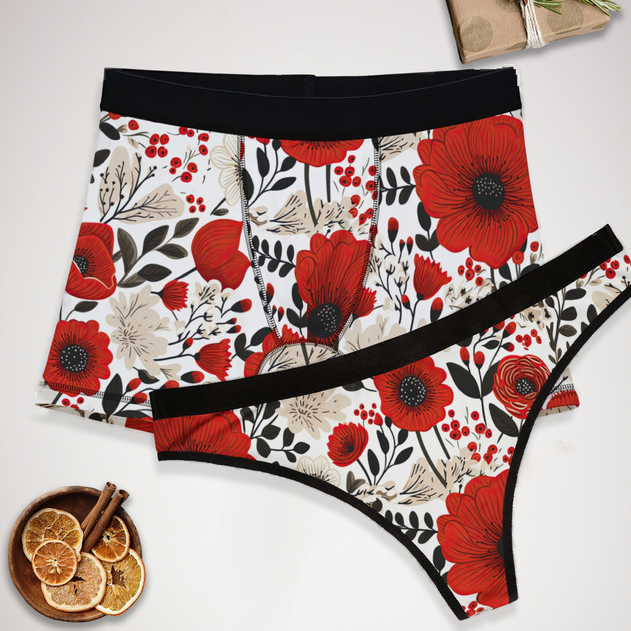 Matching underwear Cute Red Flowers One One for couples boxer & thong set