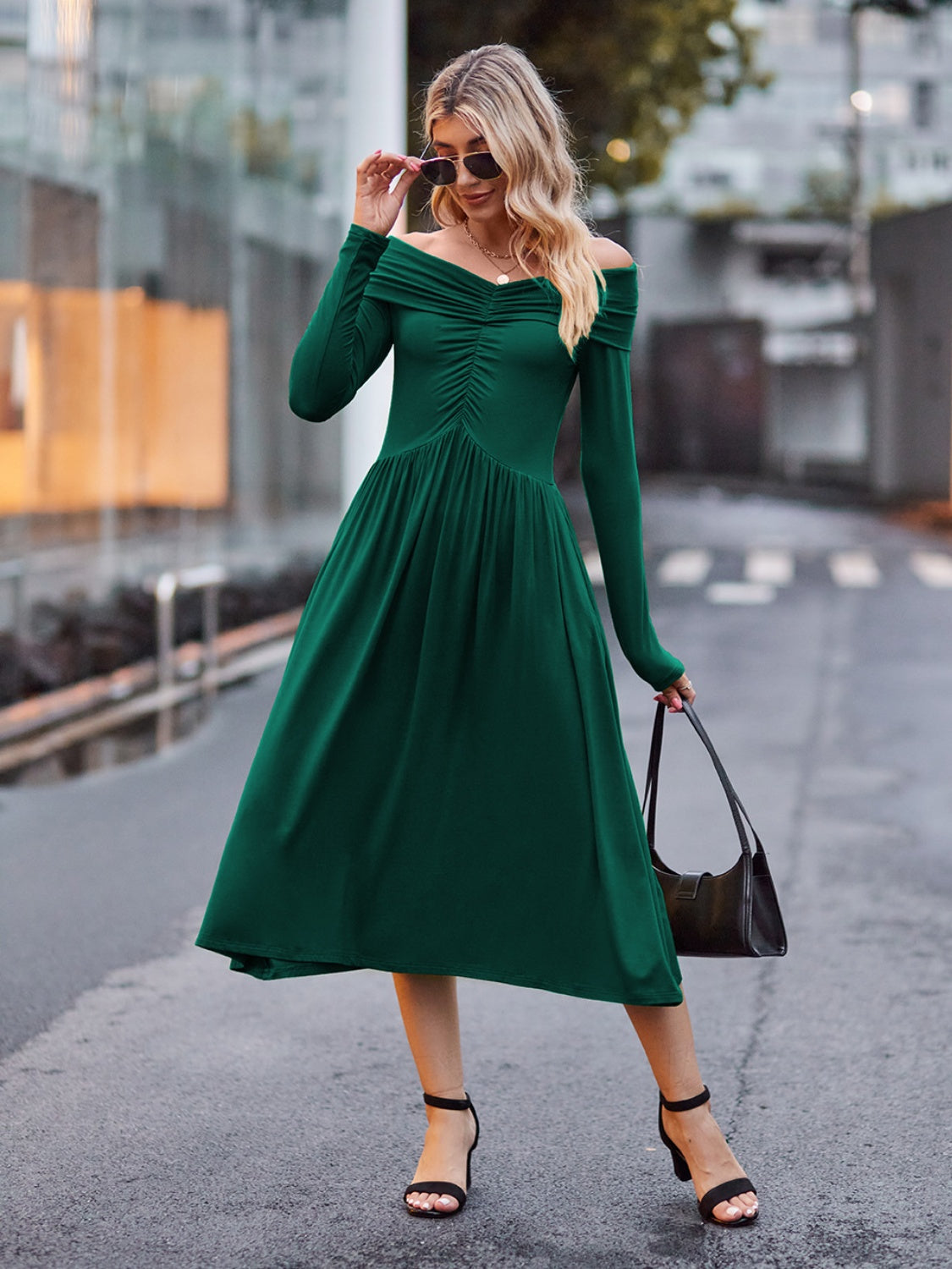 Affordable Cute Ruched Off-Shoulder Midi Dress - Perfect for Homecoming, Snowcoming 2024, or Hoco Stylish and Budget-Friendly Look for Special Occasions