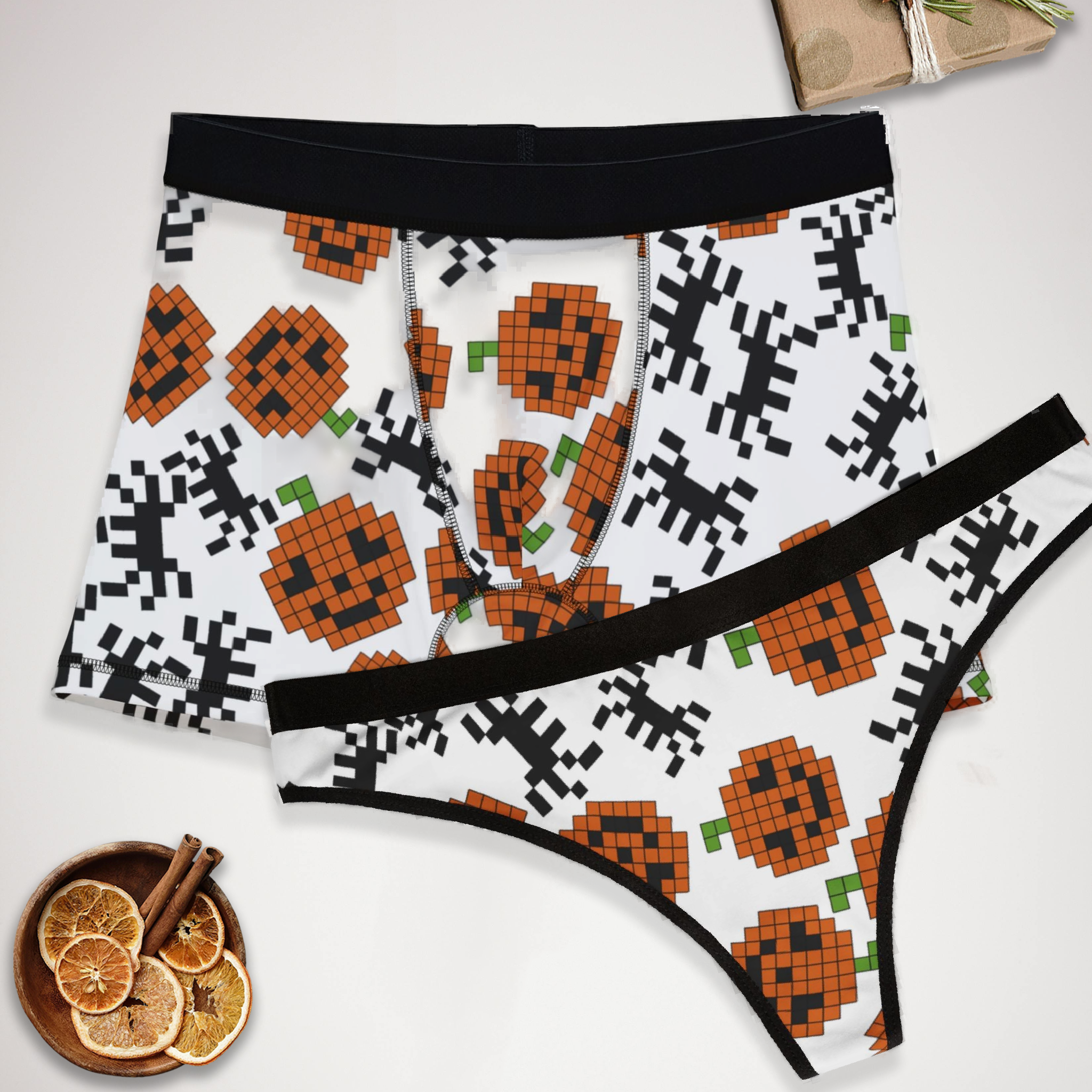 Couples matching  pumpkin spider pixel halloween underwear set boxer and thong