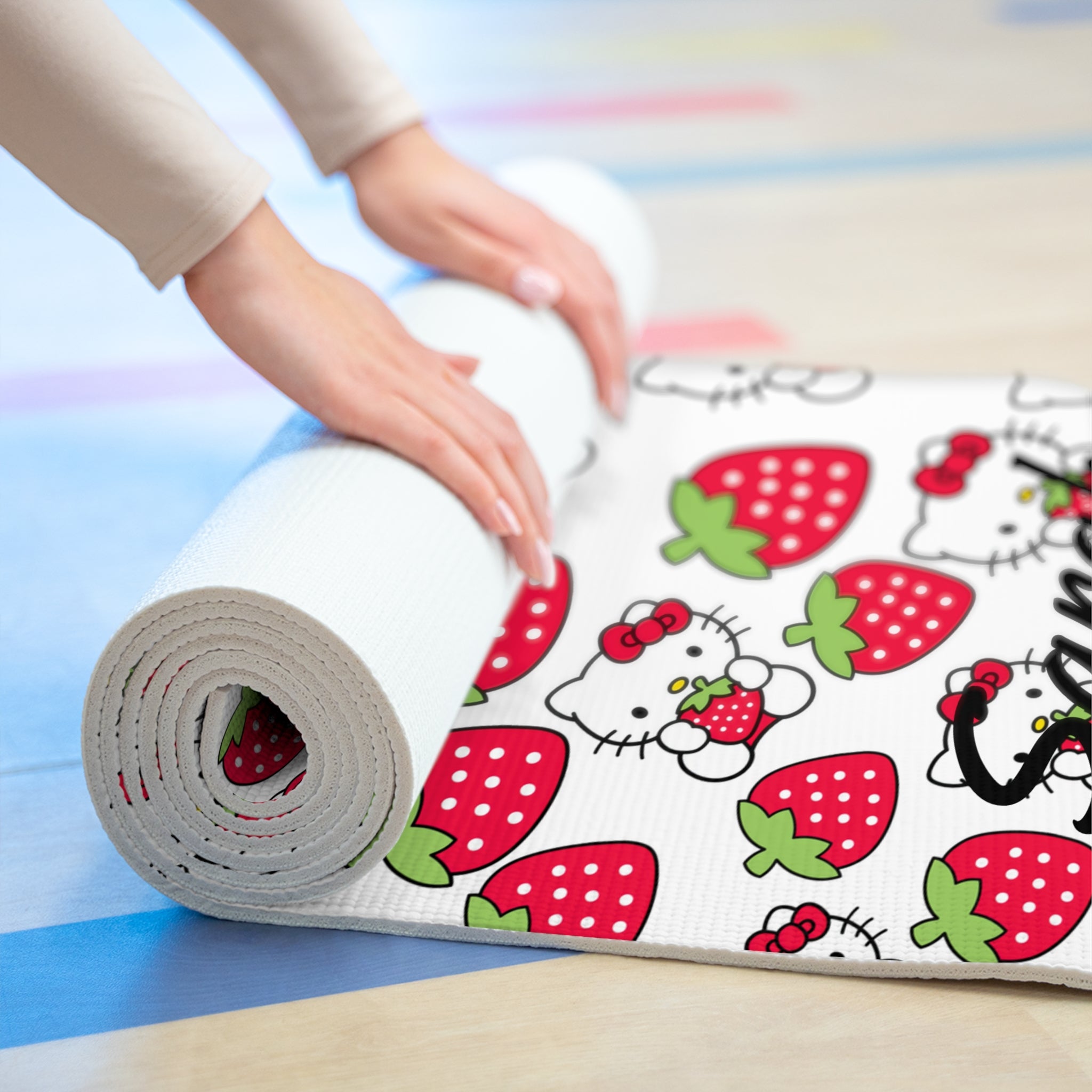 Custom name foam yoga mat kitty strawberry valentine love white