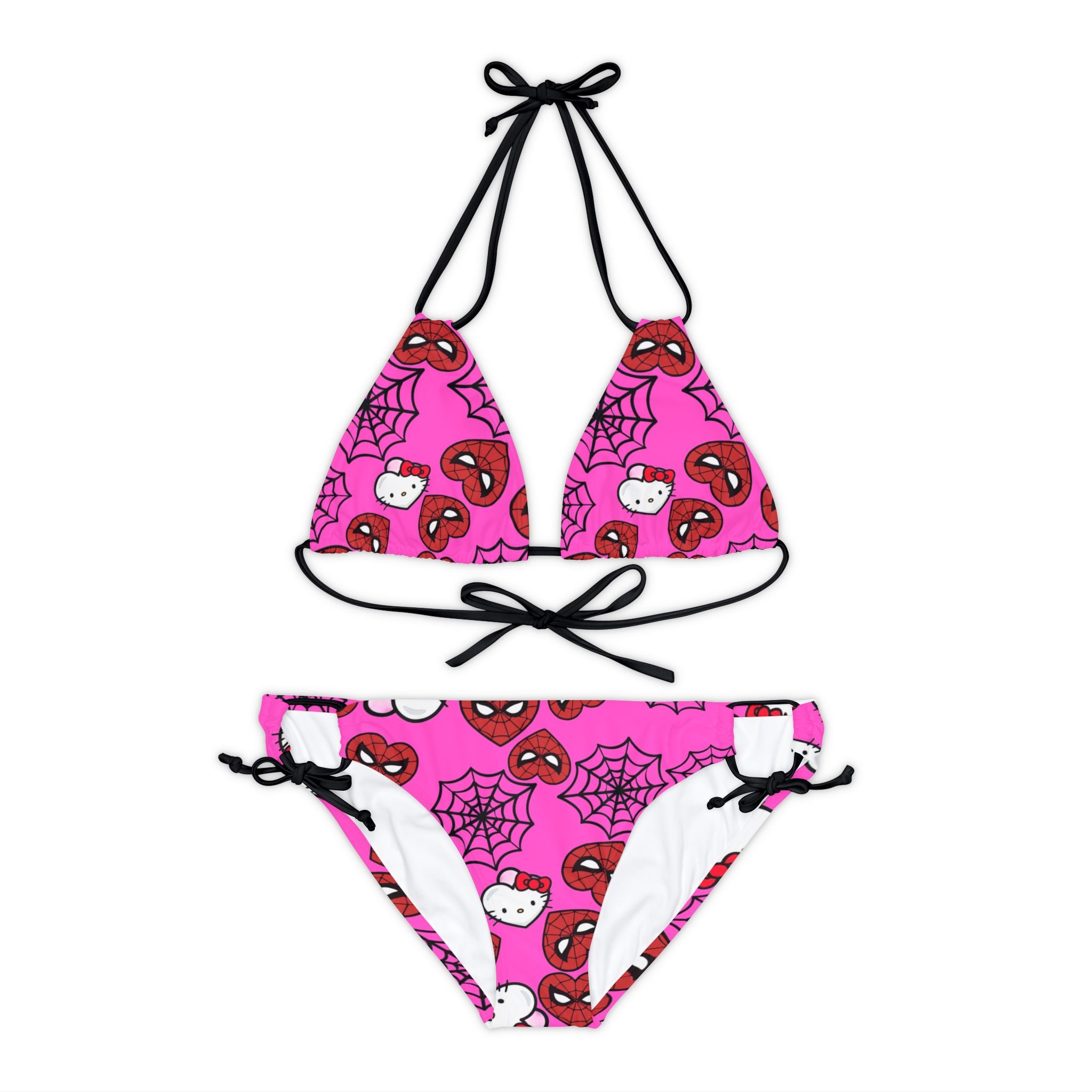 Strappy bikini set kitty spider web heart pink