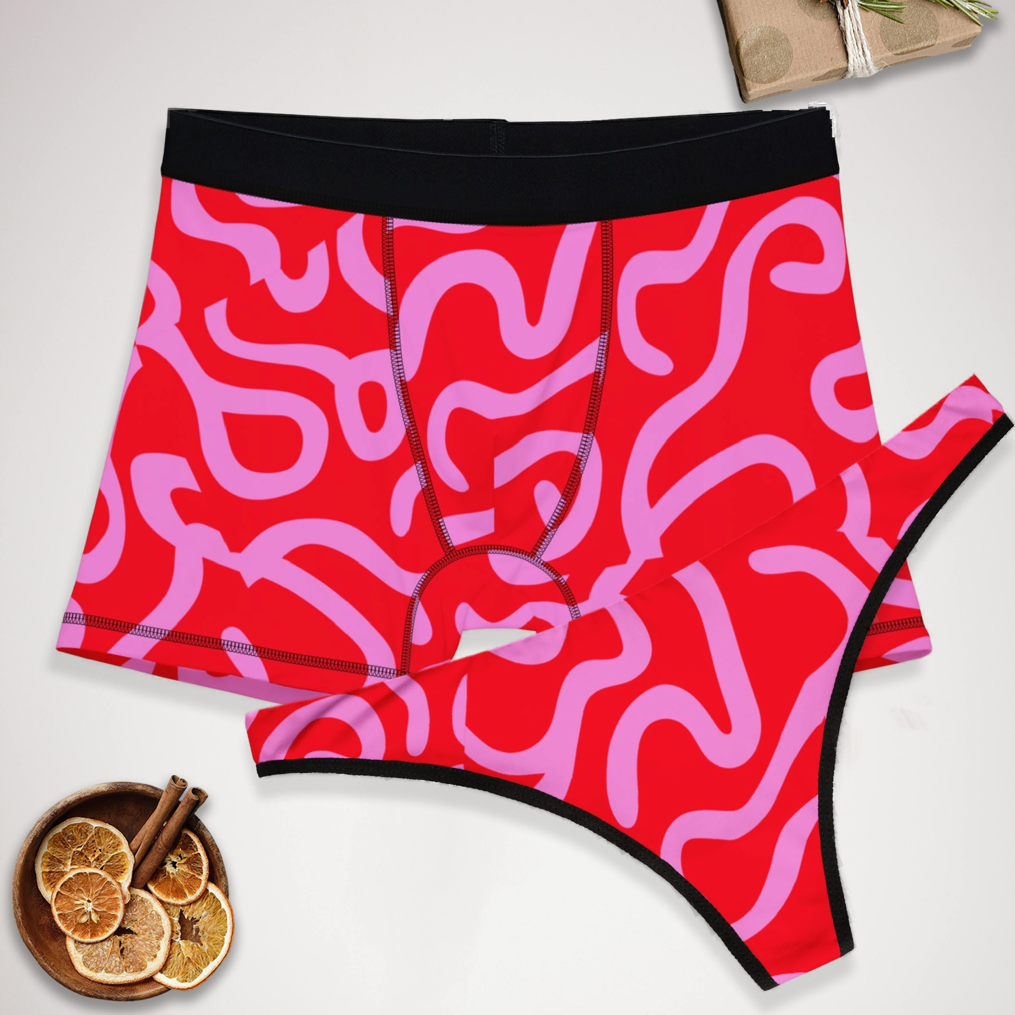 Matching underwear Red Swirl With Cursive for couples boxer & thong set