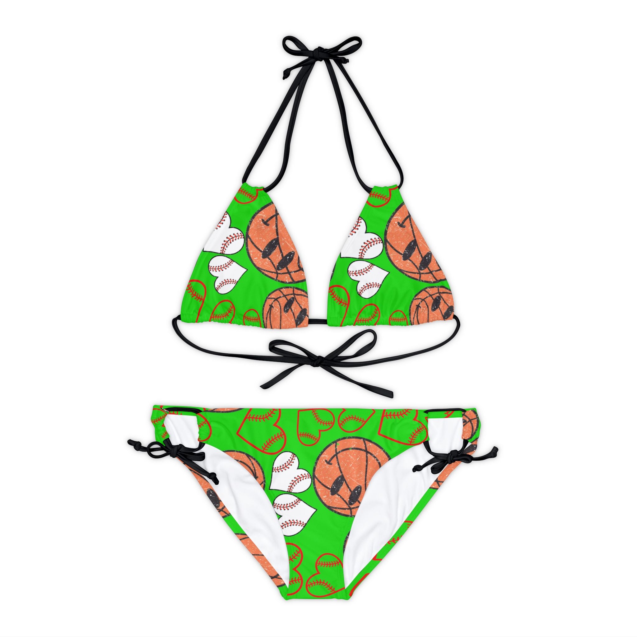 Strappy bikini set basketball hearts valentine green