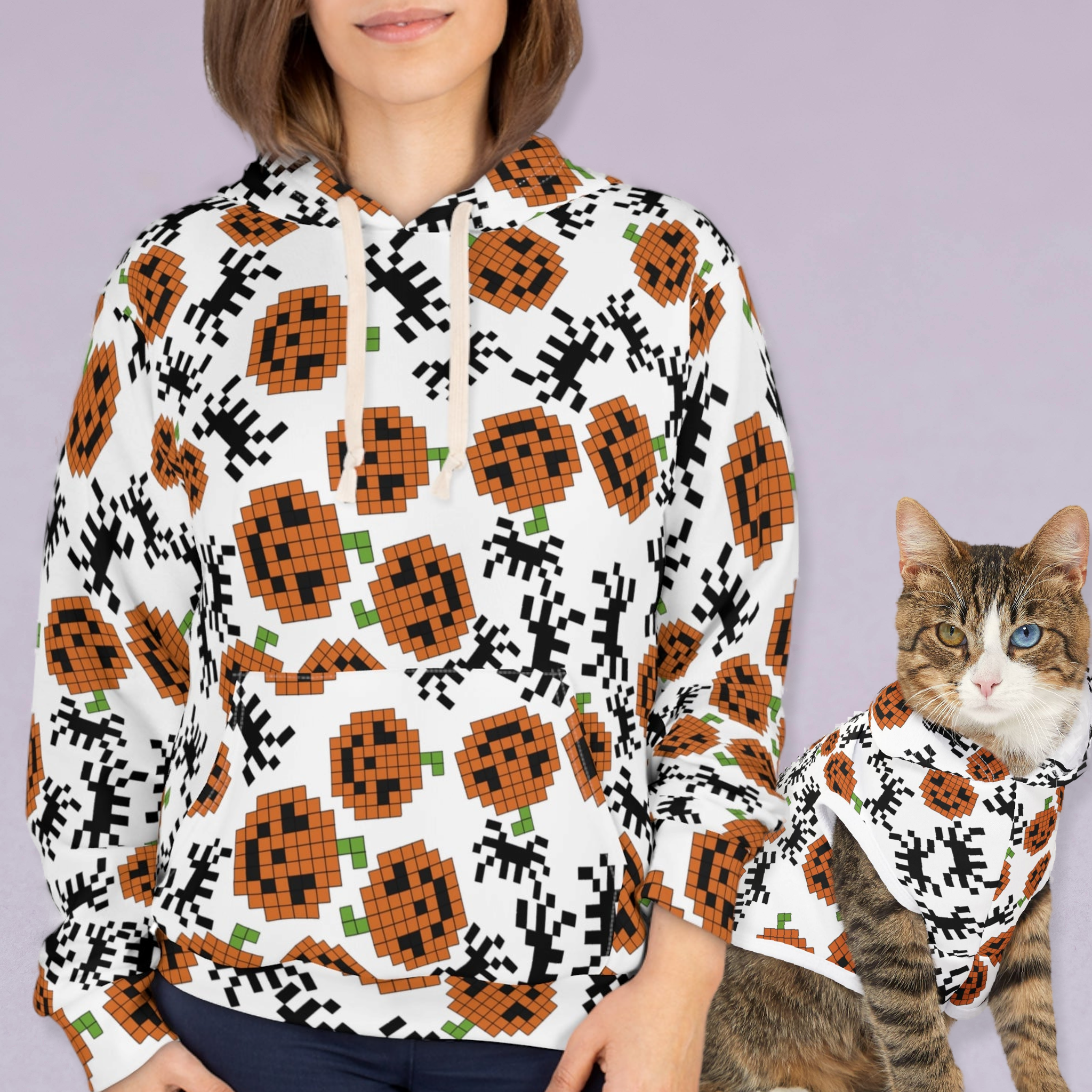 Matching Cat & Dog Pet and Owner Outfits pumpkin spider pixel halloween unisex sweaters/hoodies