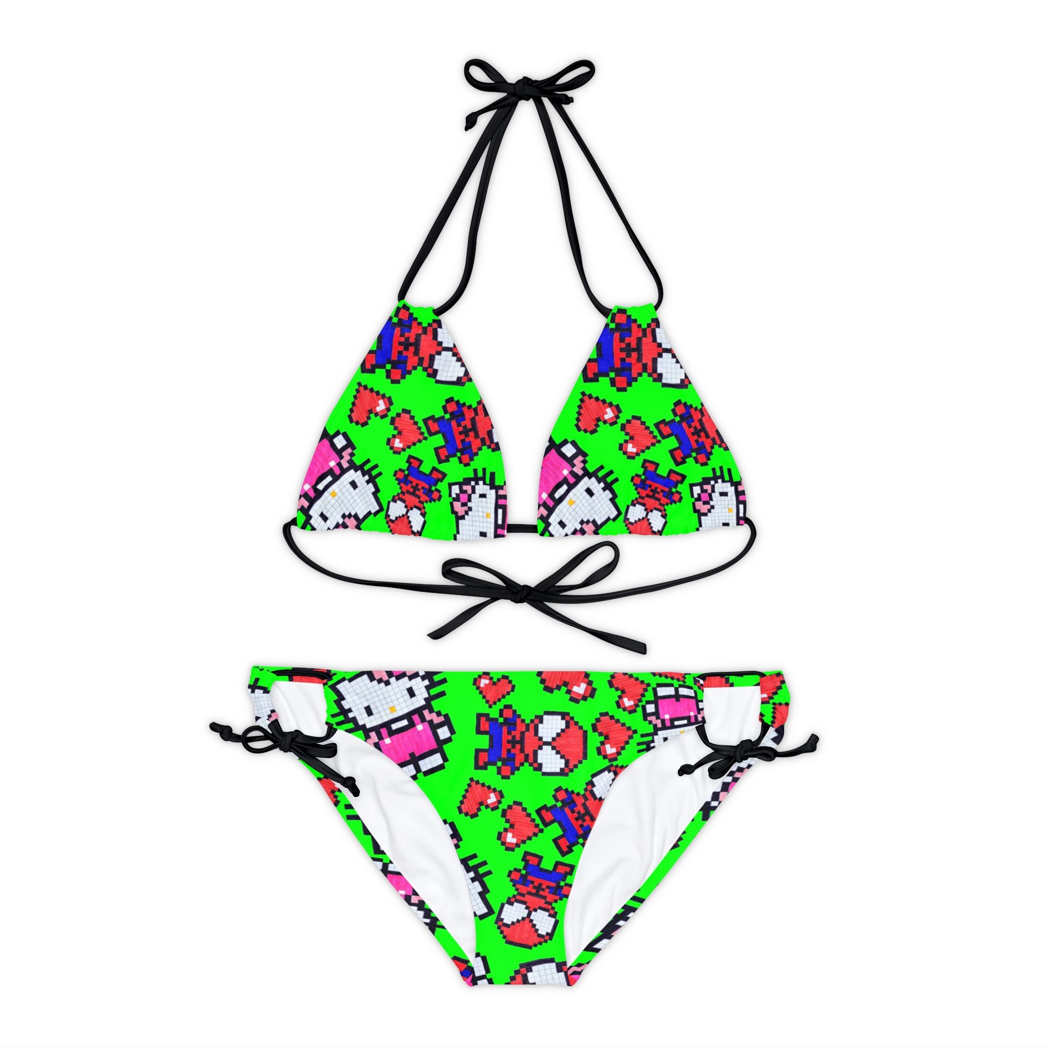 Strappy bikini set spider kitty pixel heart character love valentine green