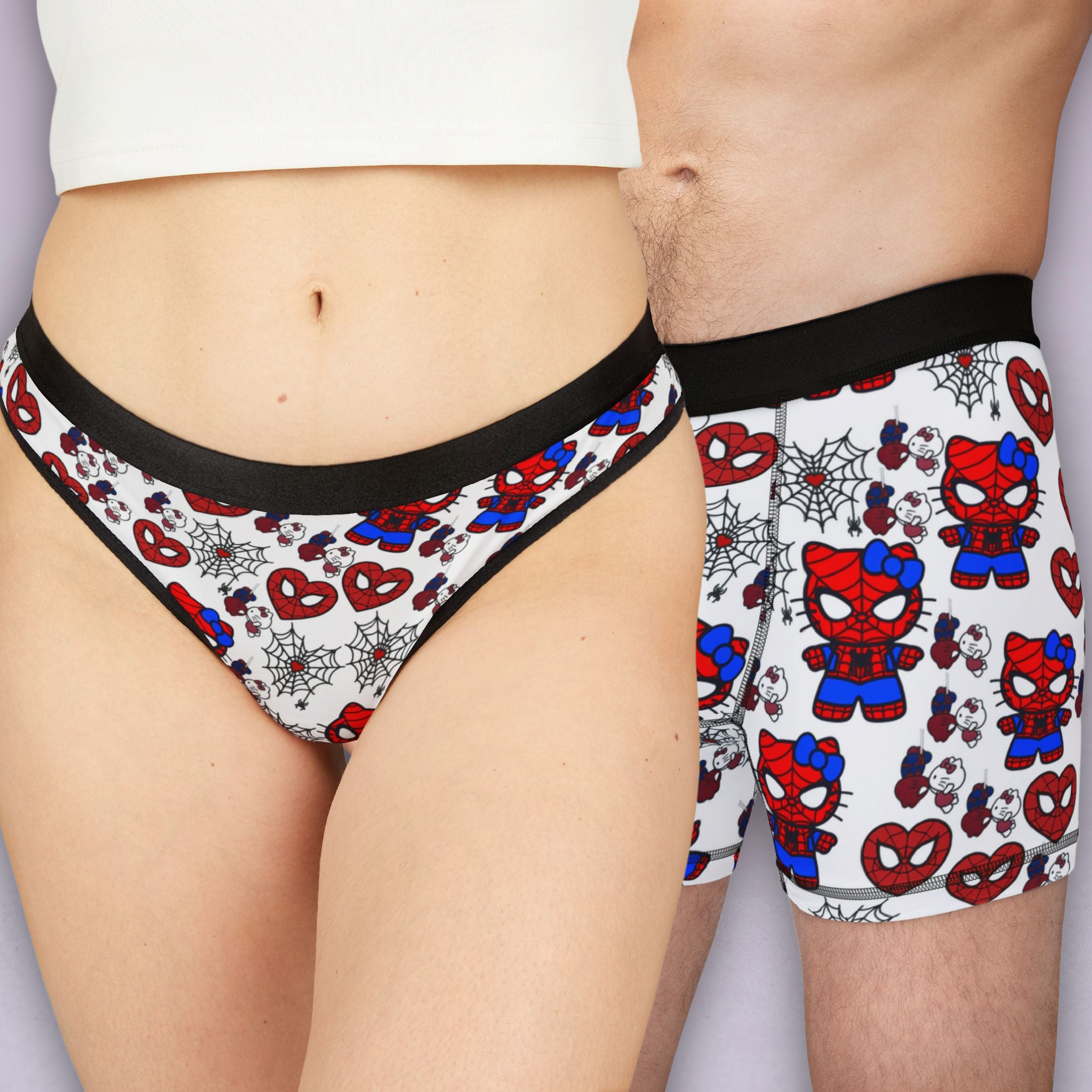 Couples matching  spider kitty kiss white character underwear set boxer and thong