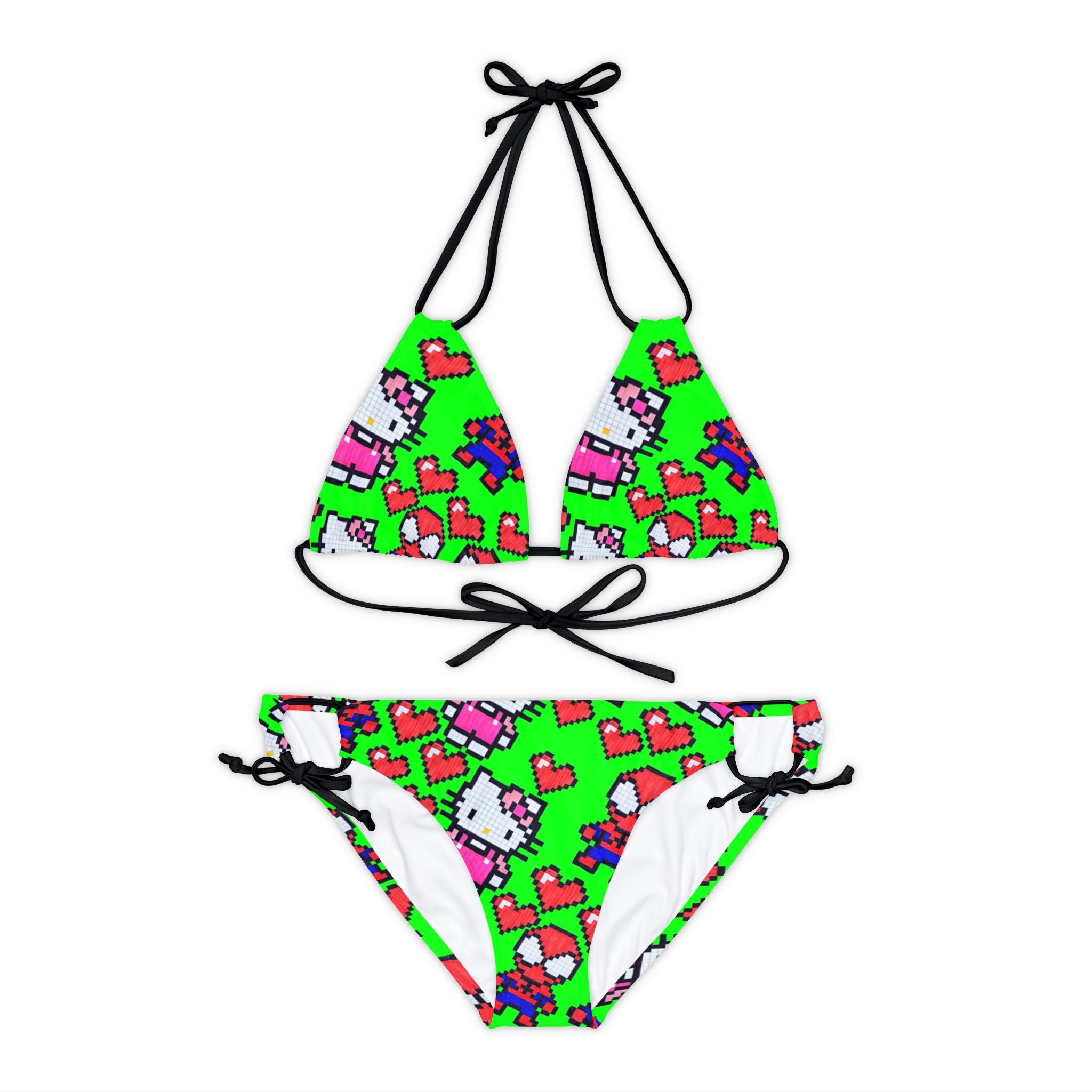 Strappy bikini set spider kitty pixel heart love valentine green