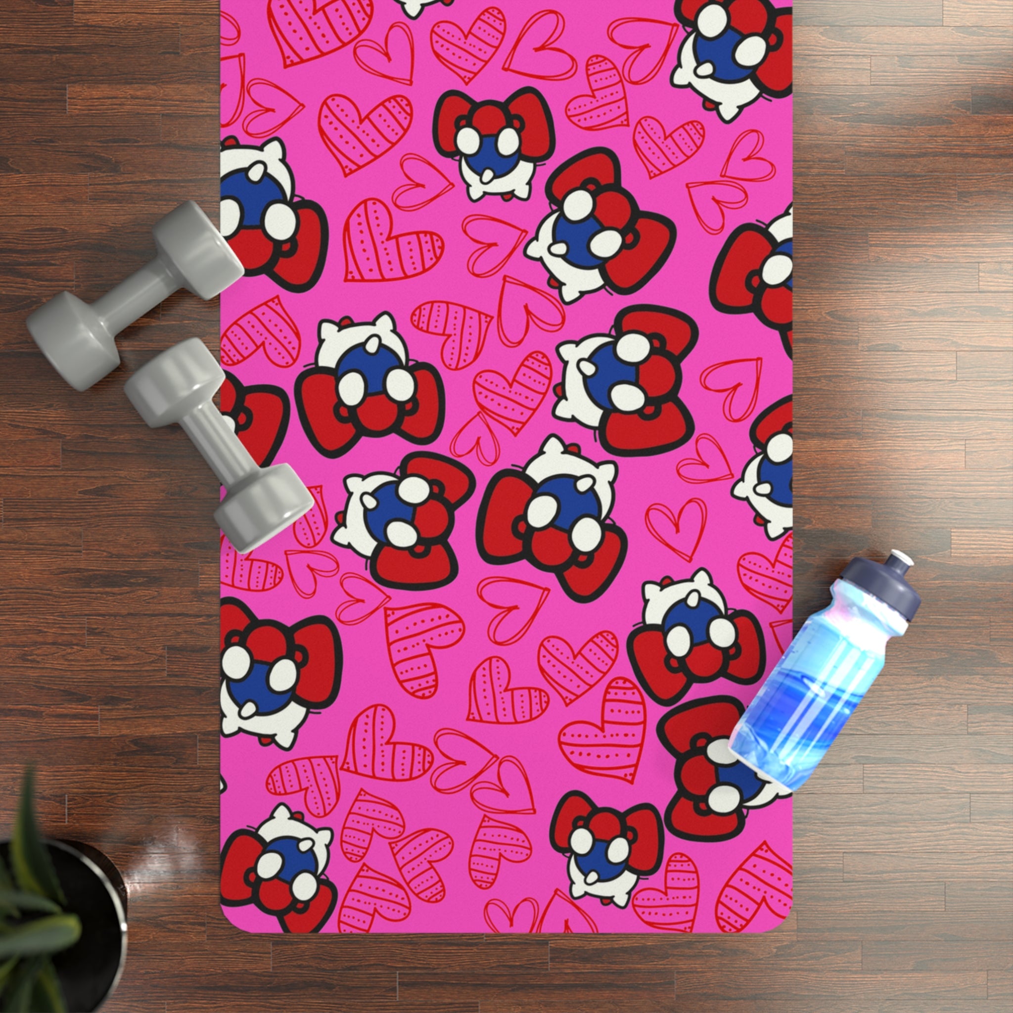 Rubber yoga mat cherry kitty back heart pink