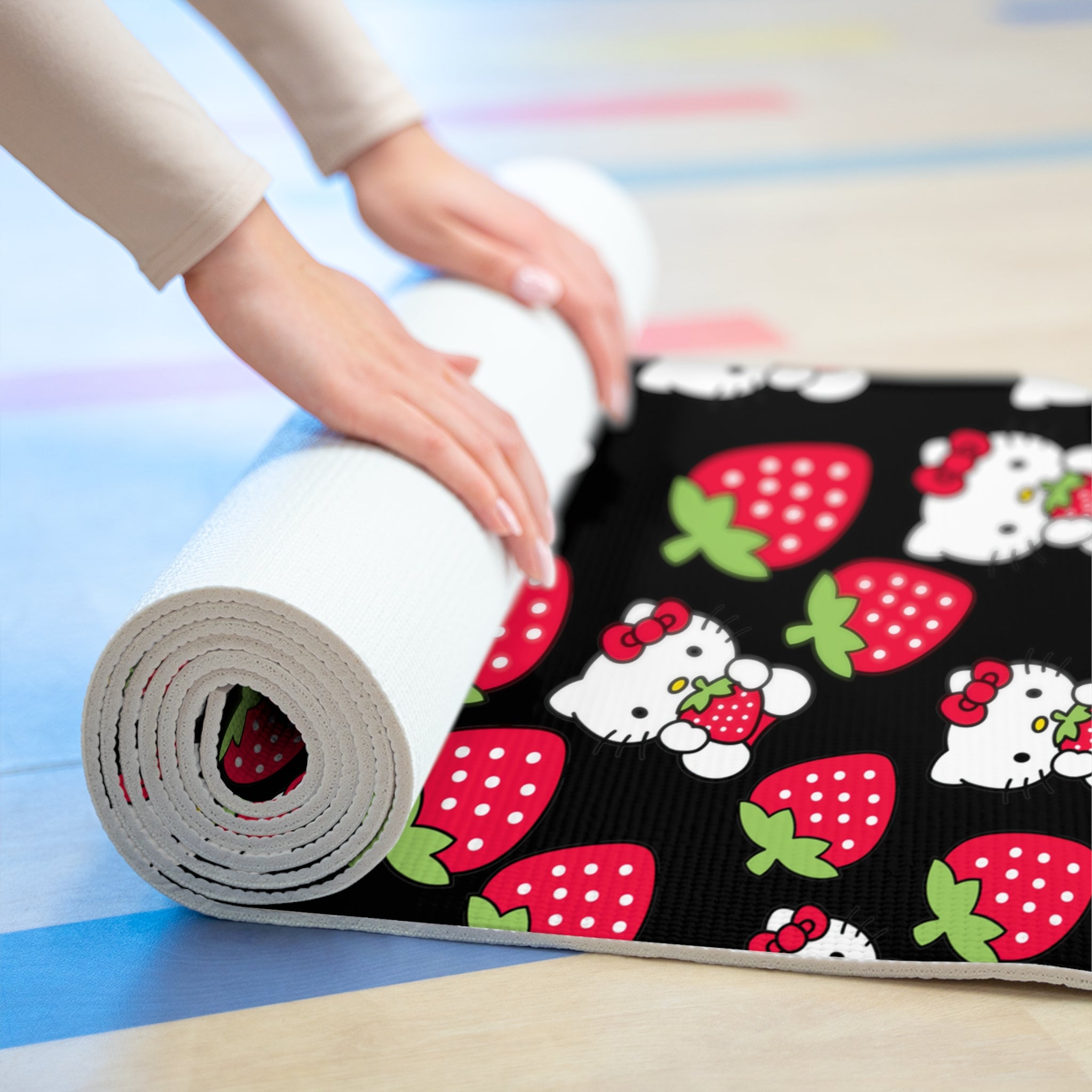 Foam yoga mat kitty strawberry valentine love black