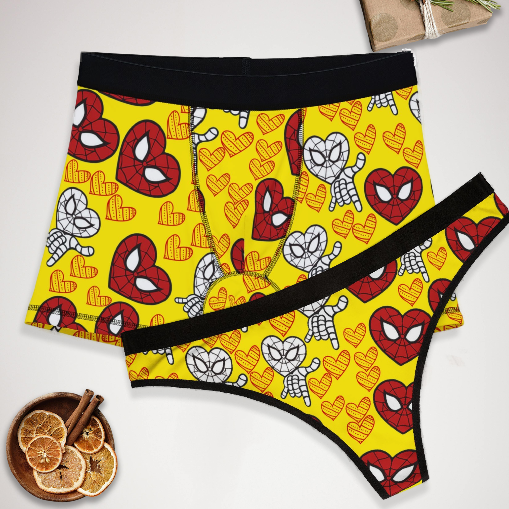 Couples matching  spider heart kiss character underwear set boxer and thong