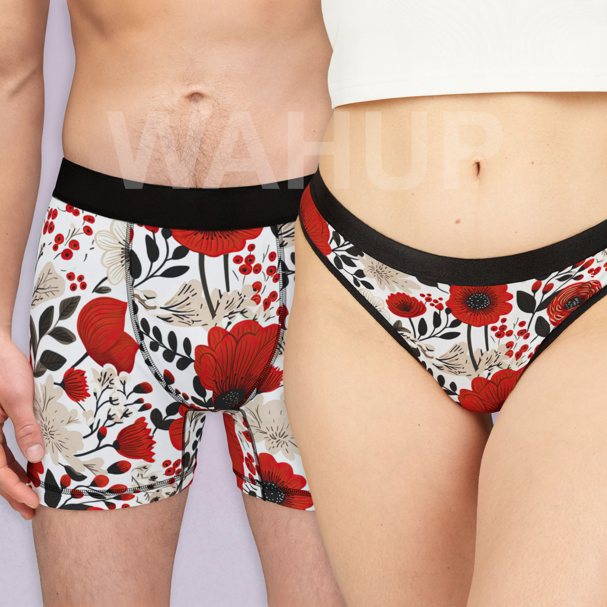Matching underwear Cute Red Flowers One One for couples boxer & thong set