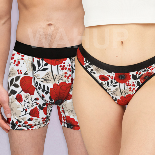 Matching underwear Cute Red Flowers One One for couples boxer & thong set