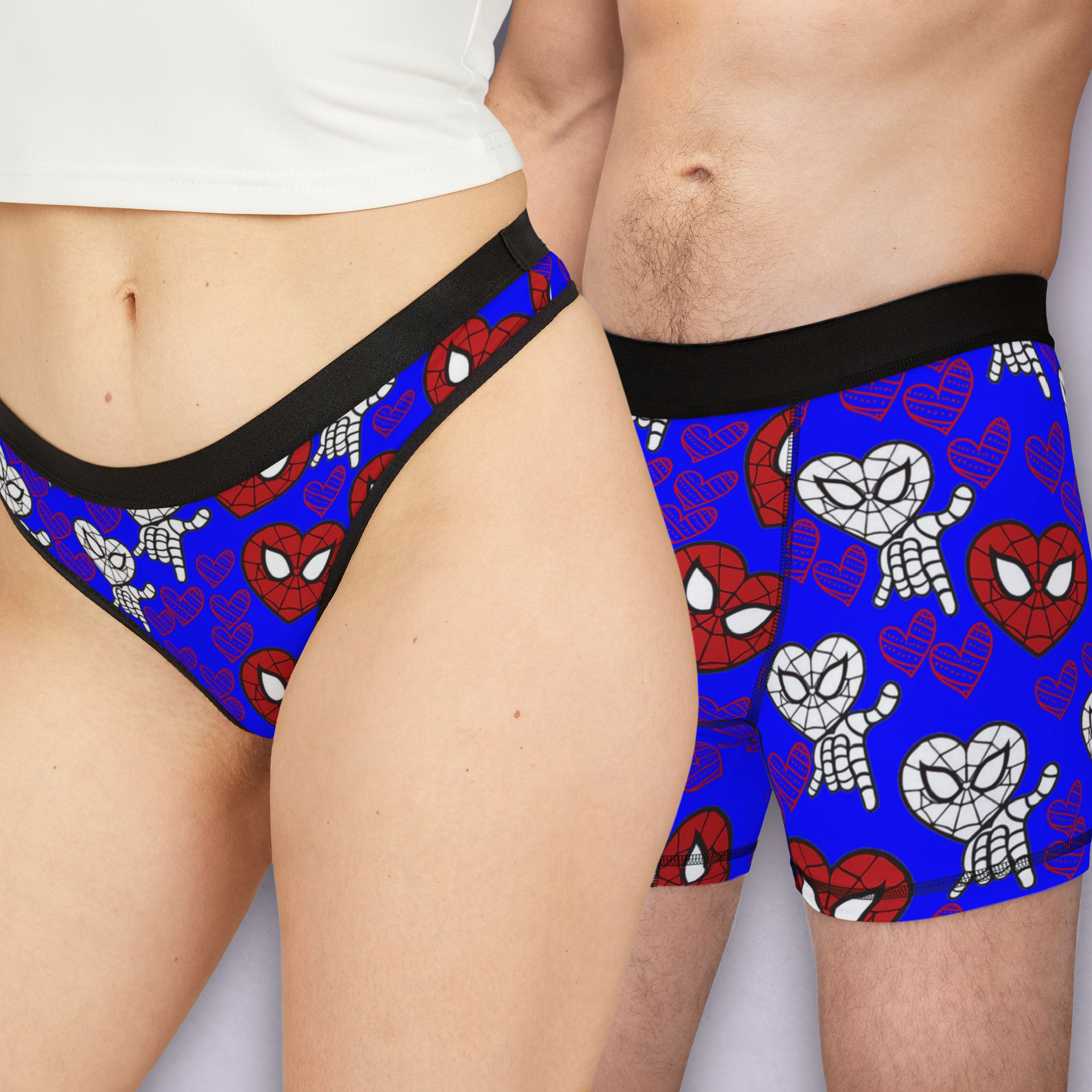 Couples matching  spider heart blue character underwear set boxer and thong