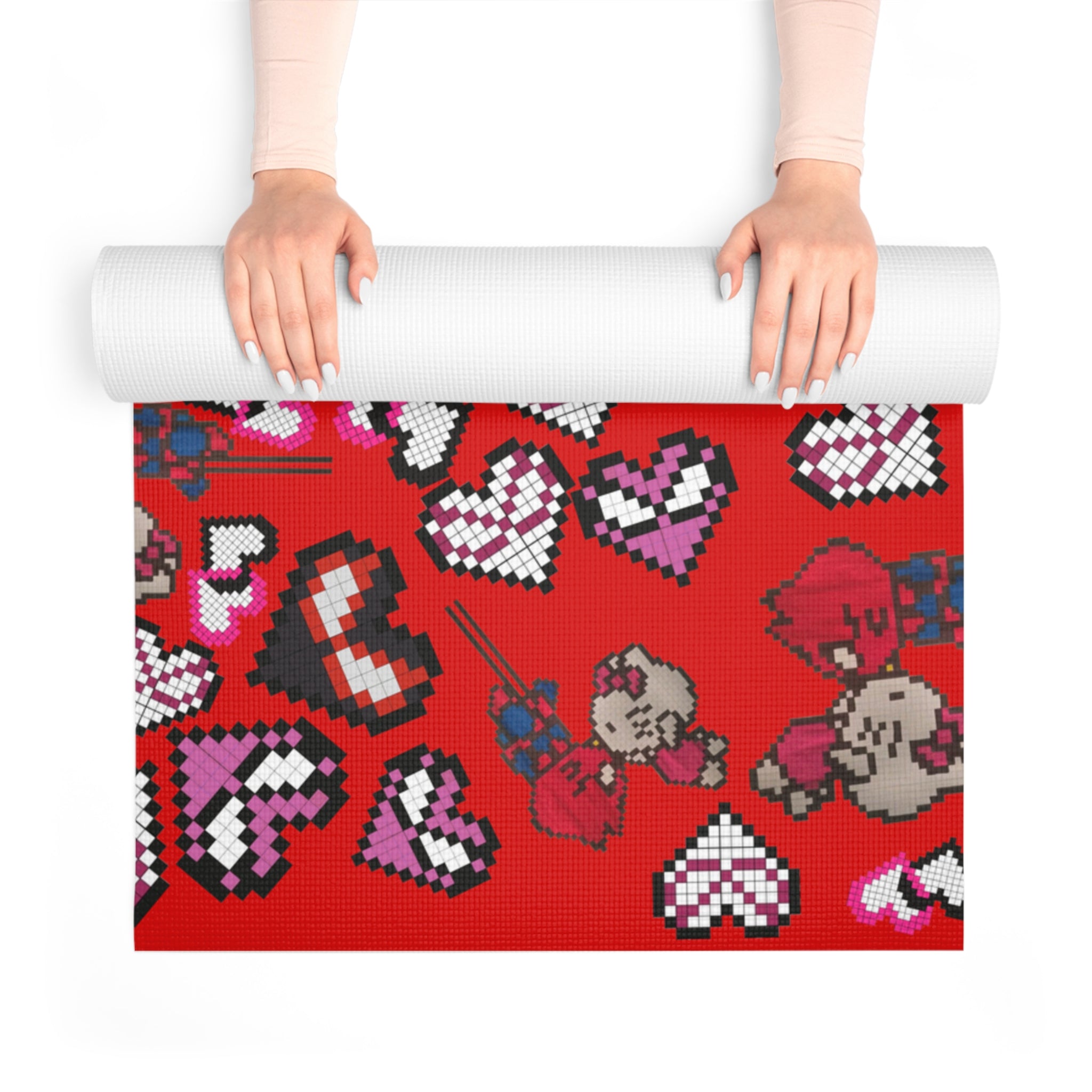 Foam yoga mat spider kitty pixel kiss hearts red