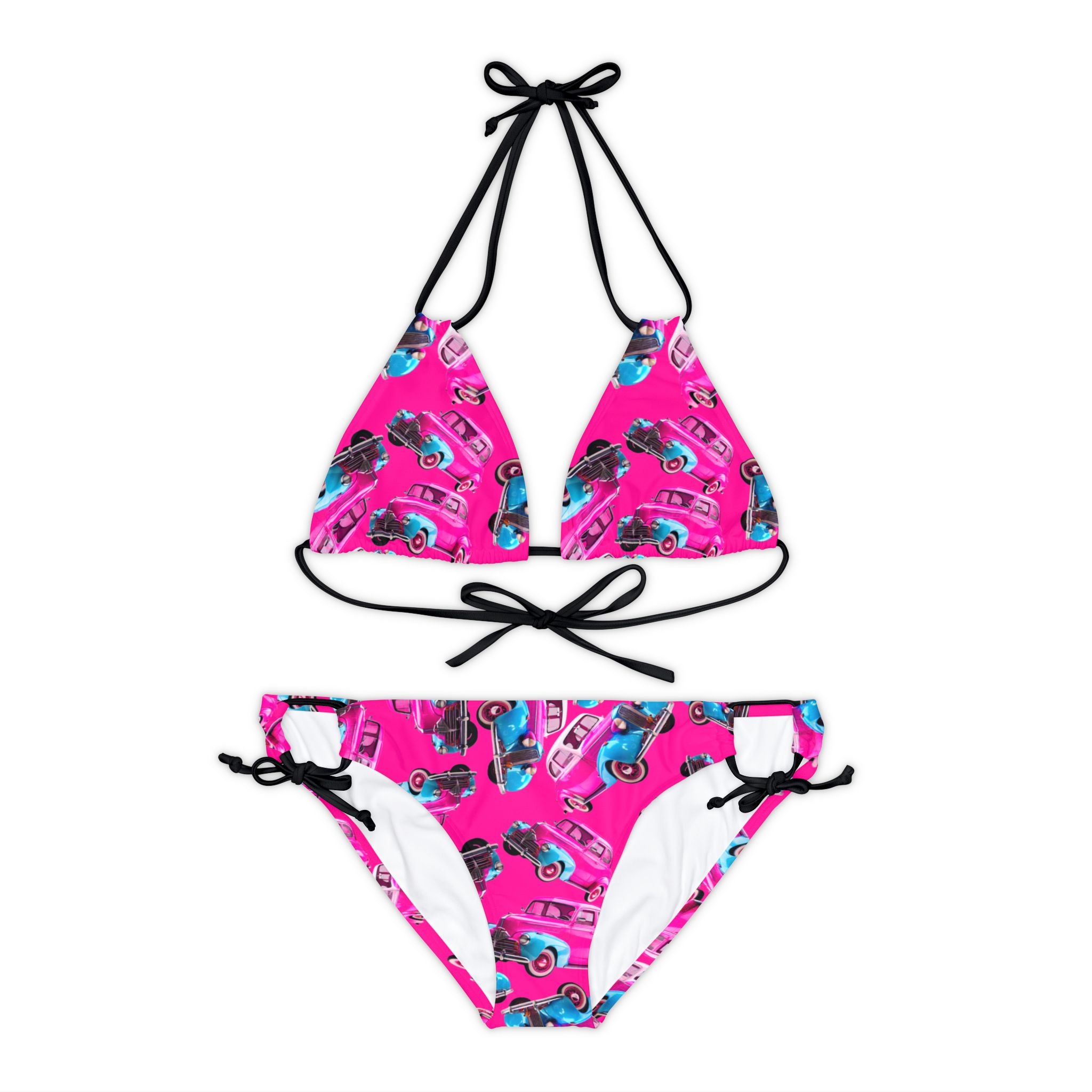 Strappy bikini set cartoon dirty old cars pink