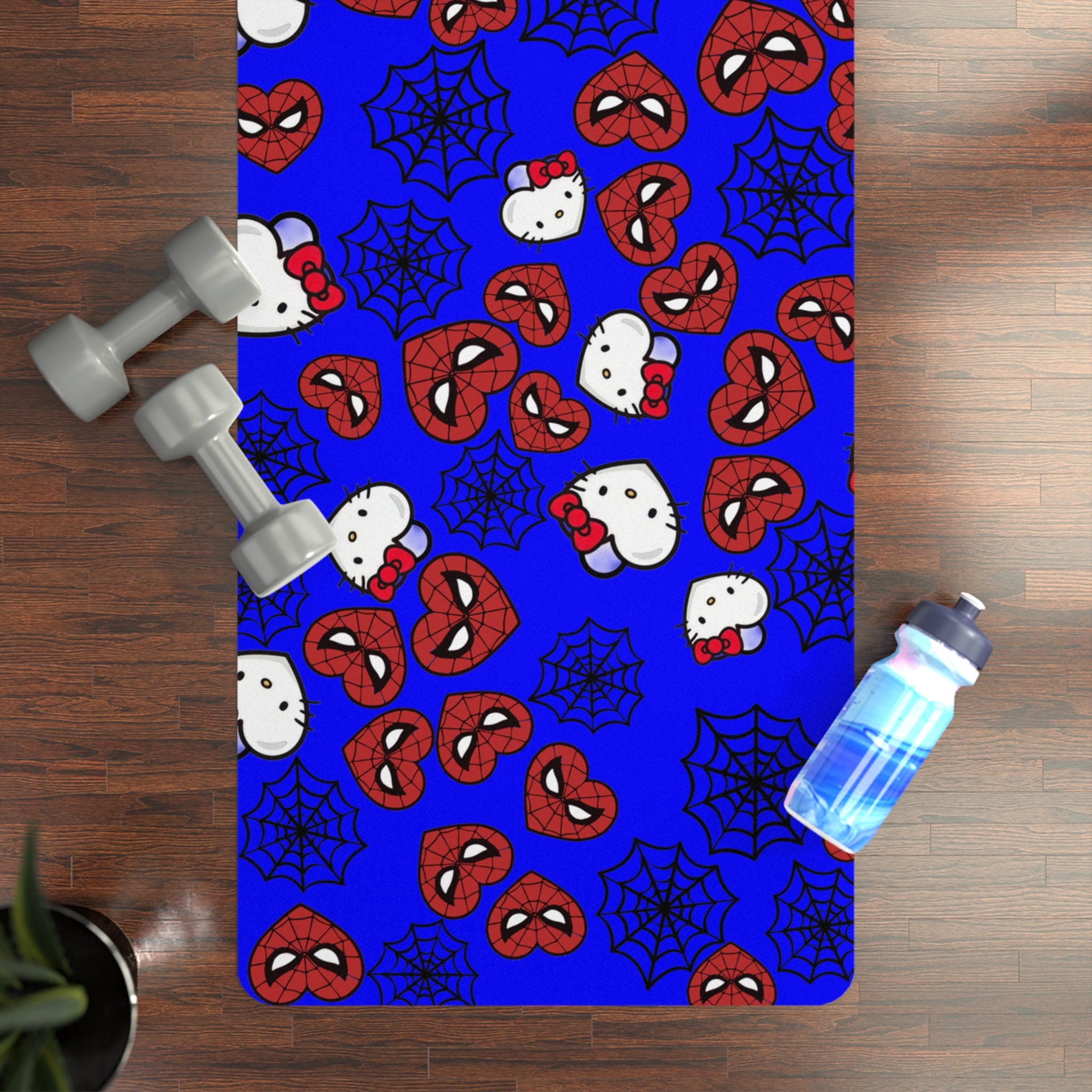 Rubber yoga mat kitty spider web heart blue