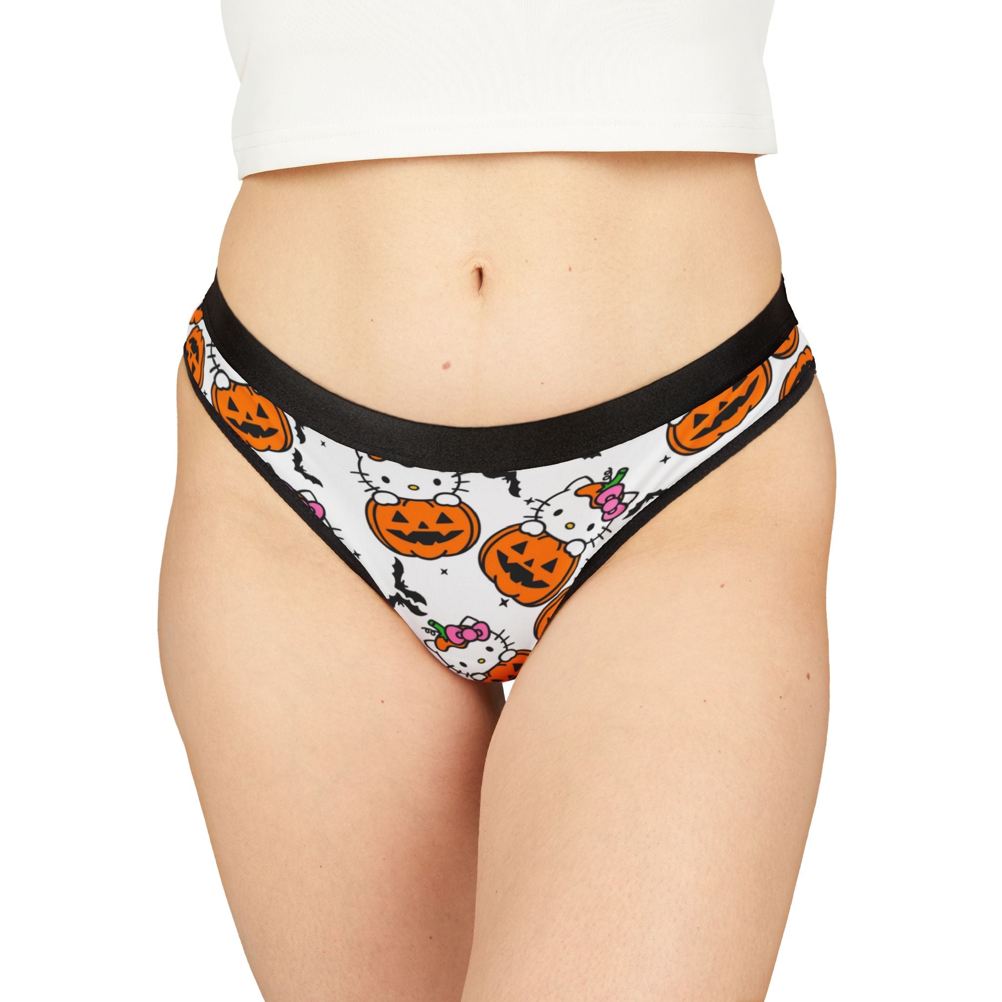 Women's thongs kitty hold pumpkin Halloween white