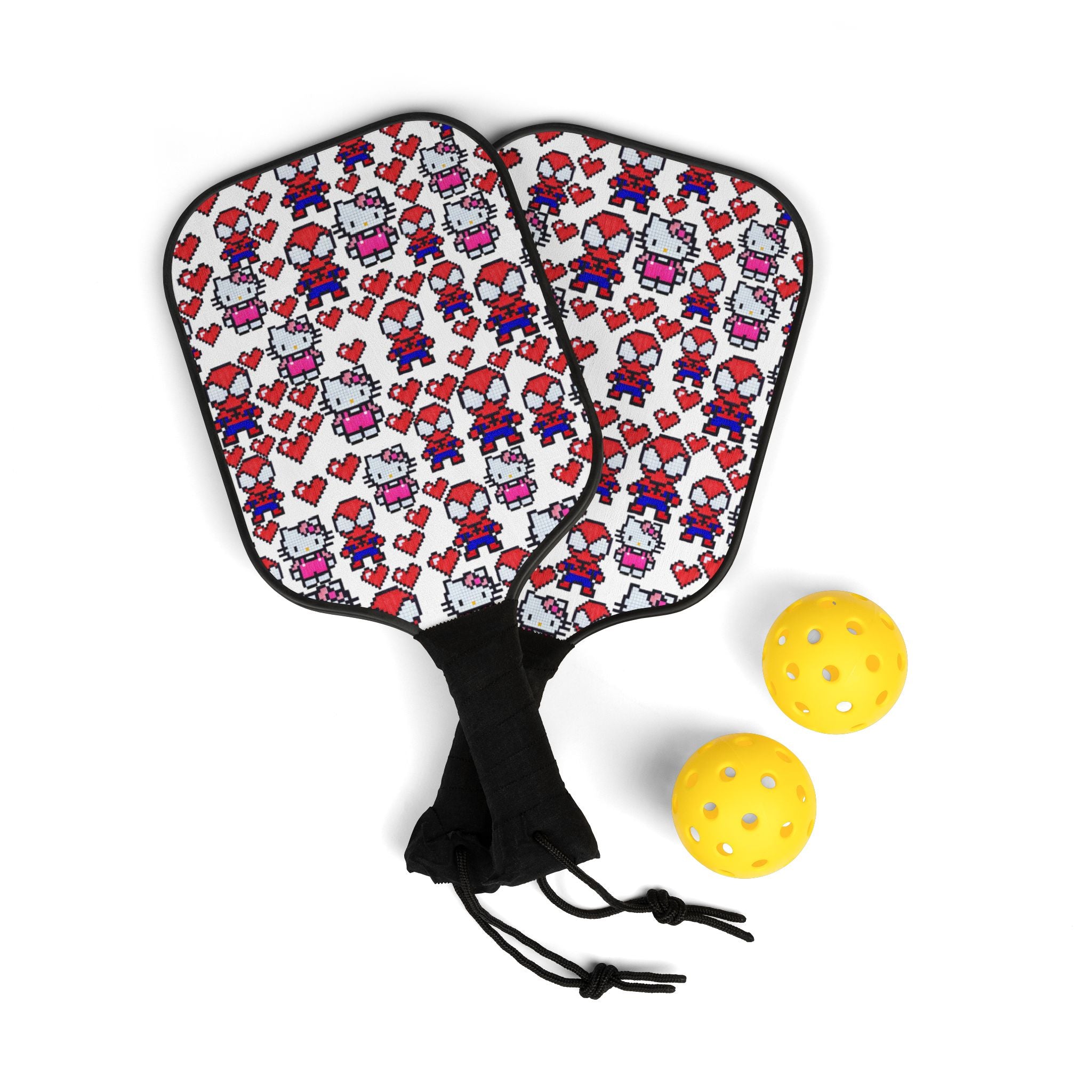 Pickleball kit (2 paddles + 2 balls + transparent bag) spider kitty pixel heart love valentine white