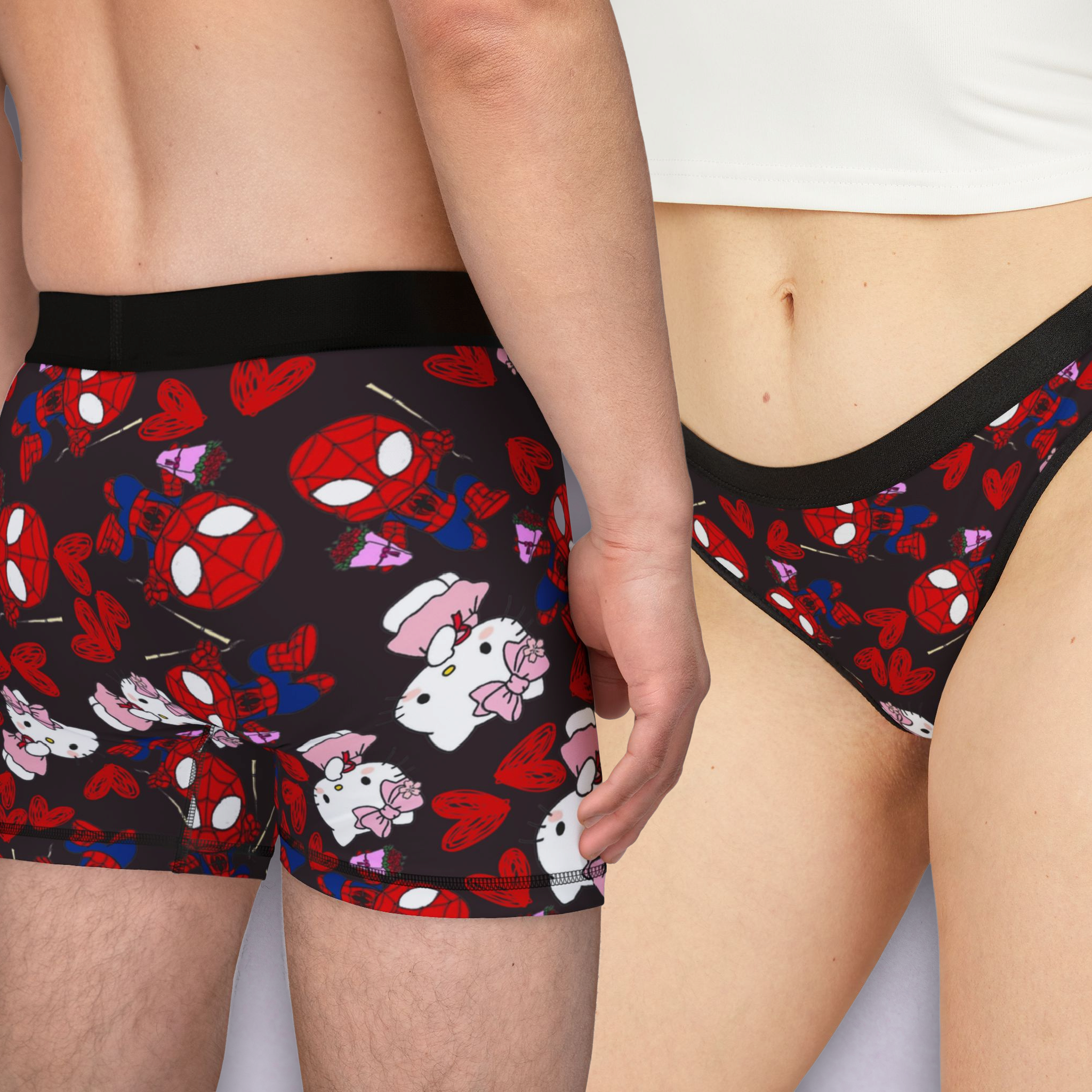 Couples matching  spider kitty flower underwear set boxer and thong