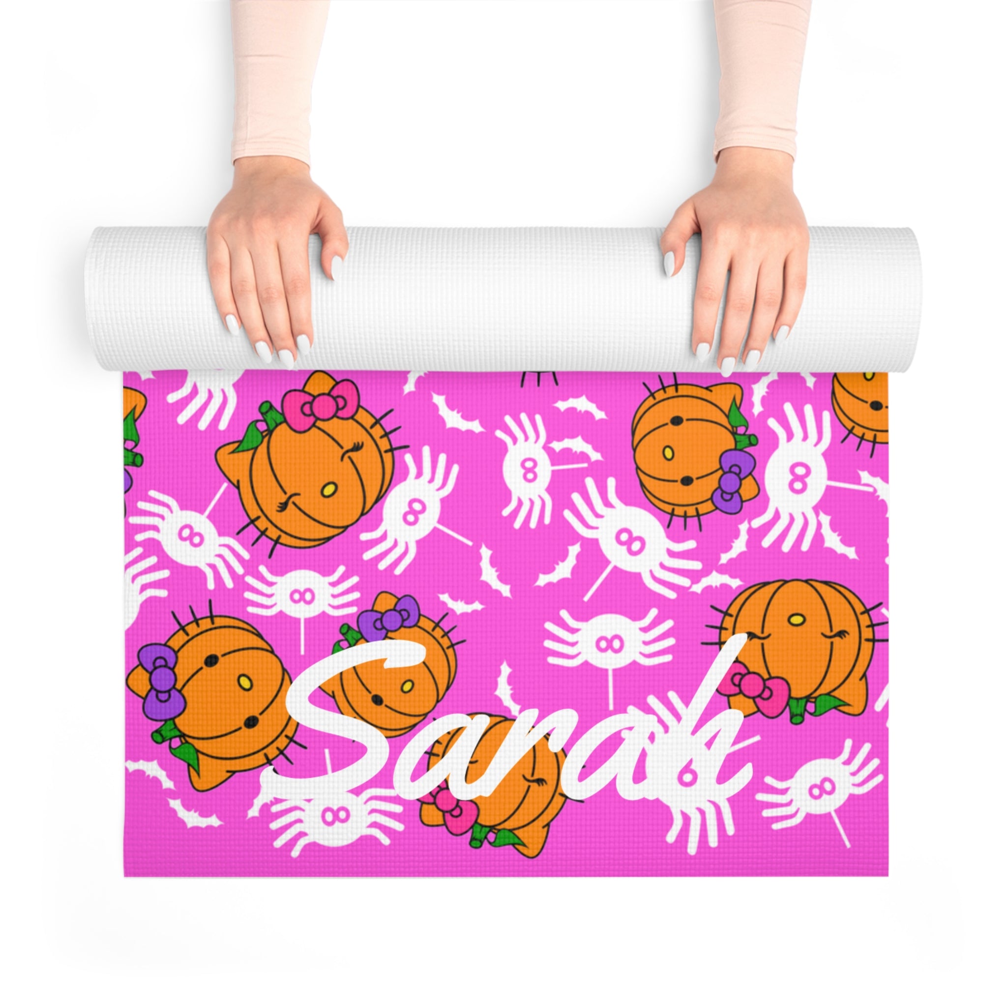 Custom name foam yoga mat double pumpkin kitty halloween pink