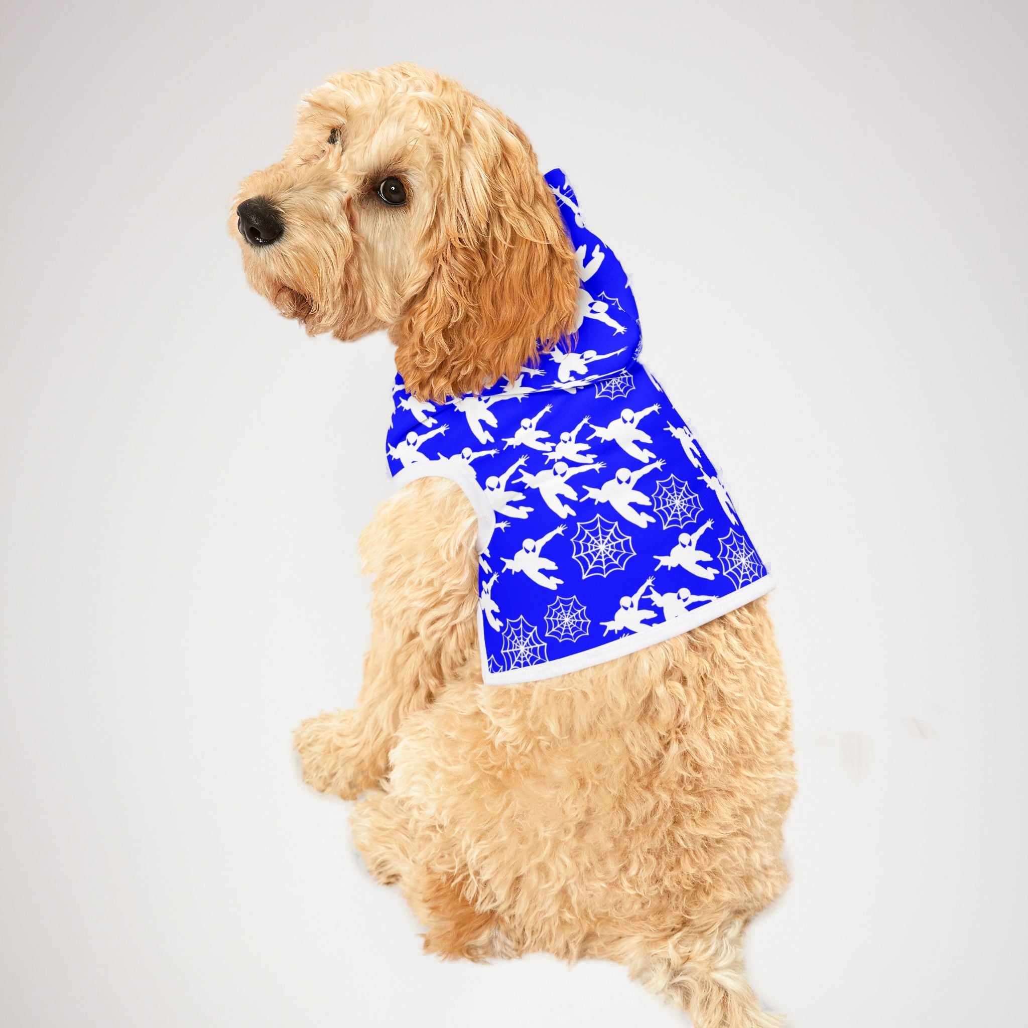 Pet hoodie spiderman web plain blue