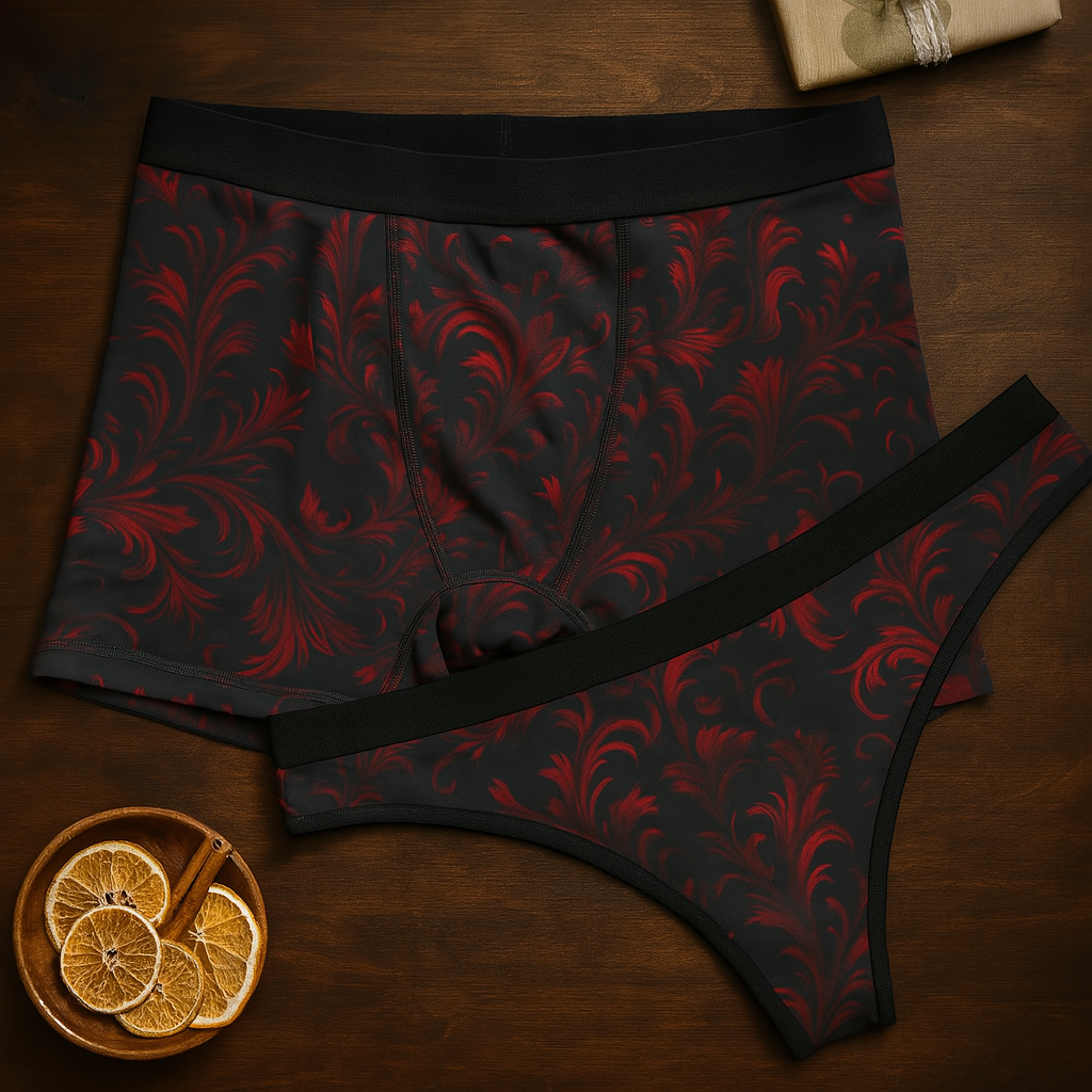 Matching underwear Red Damask for couples boxer & thong set