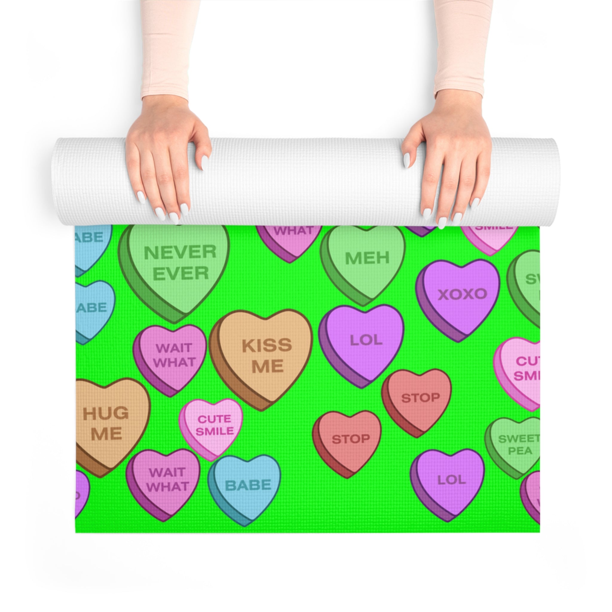 Foam yoga mat candy heart sweet valentine message green