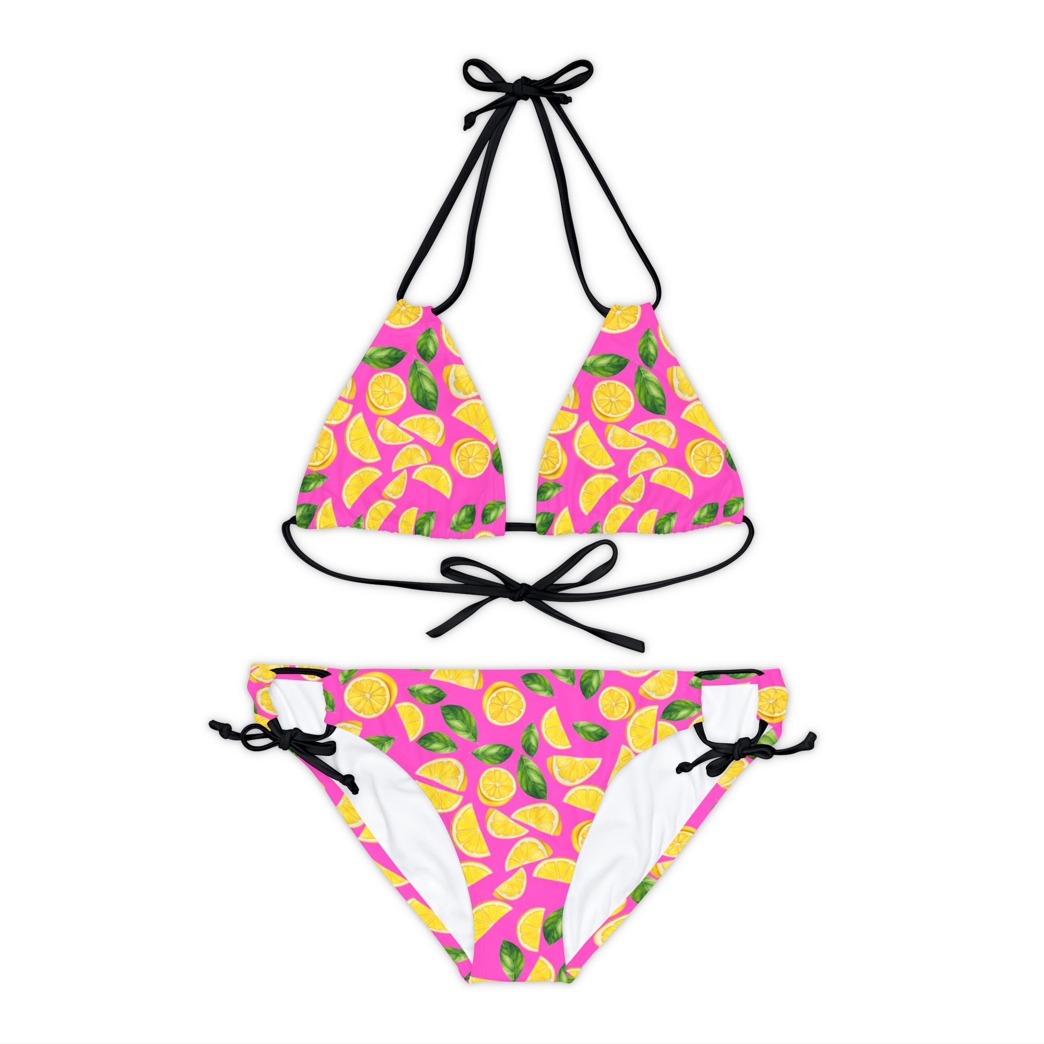 Strappy bikini set lemon and leaves pink