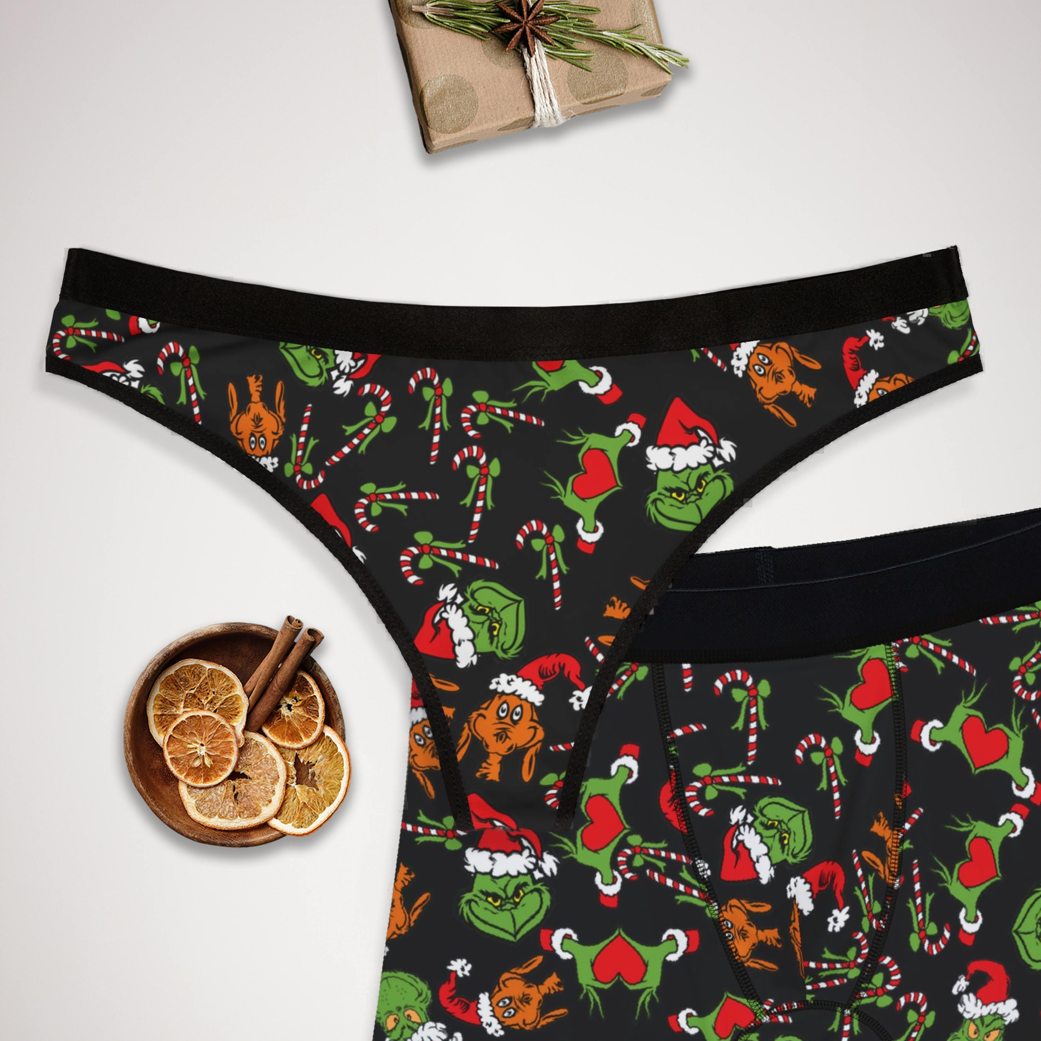 Couples matching  grinch noel christmas underwear set boxer and thong