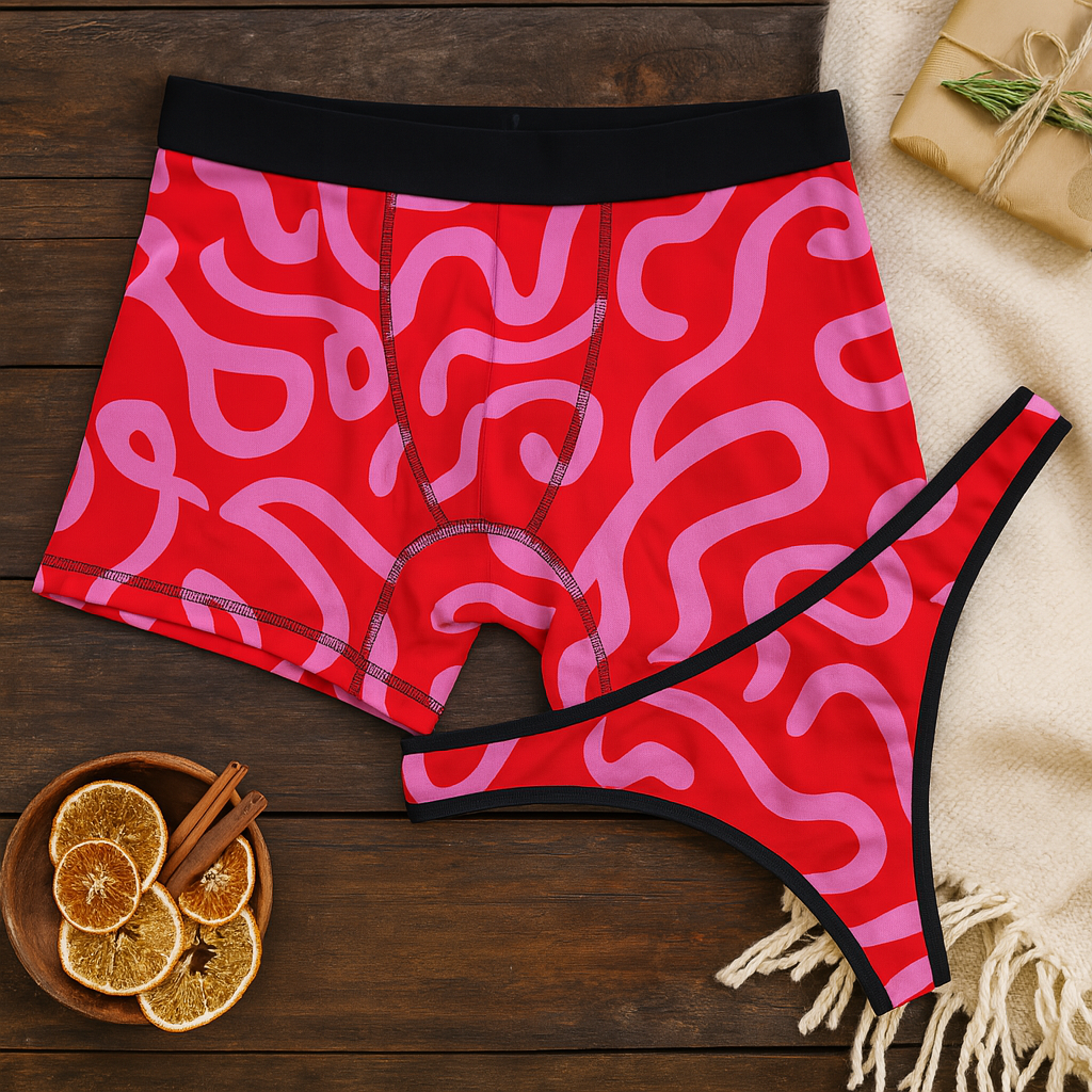 Matching underwear Red Swirl With Cursive for couples boxer & thong set