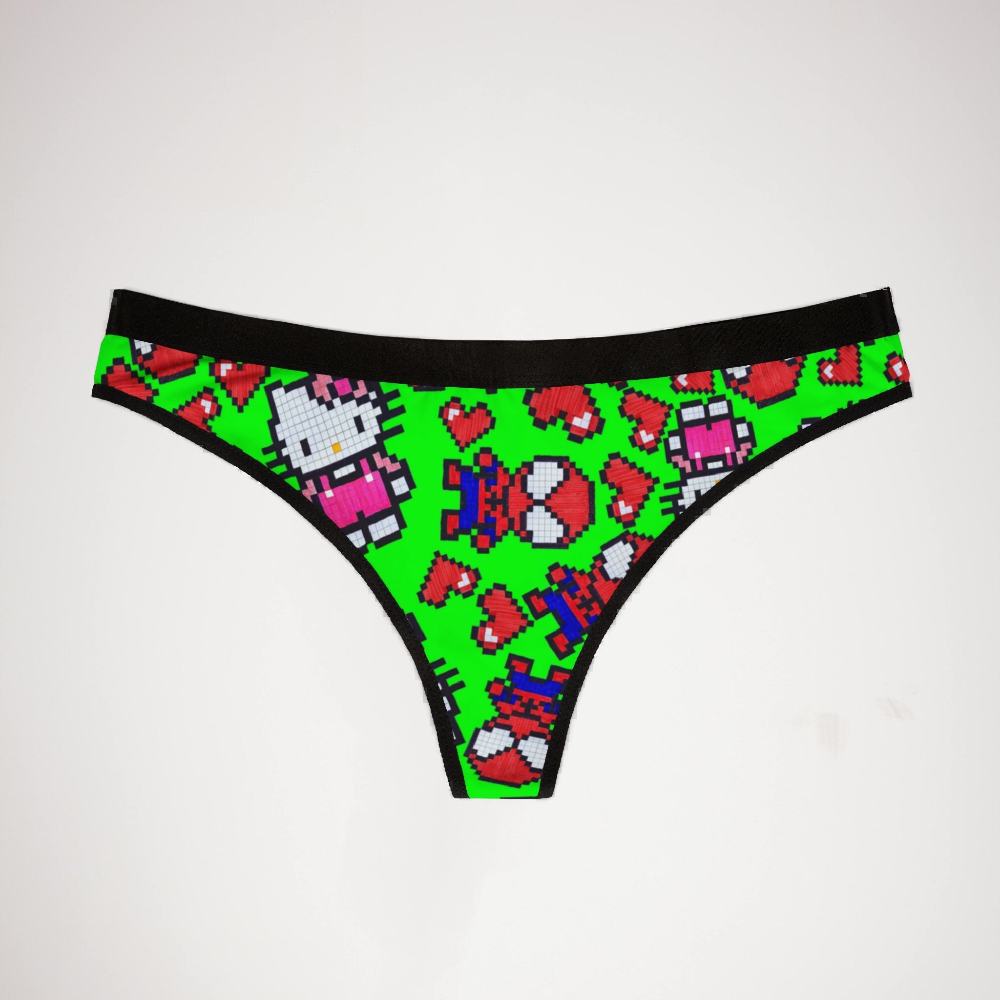 Women's thongs spider kitty pixel heart character love valentine green