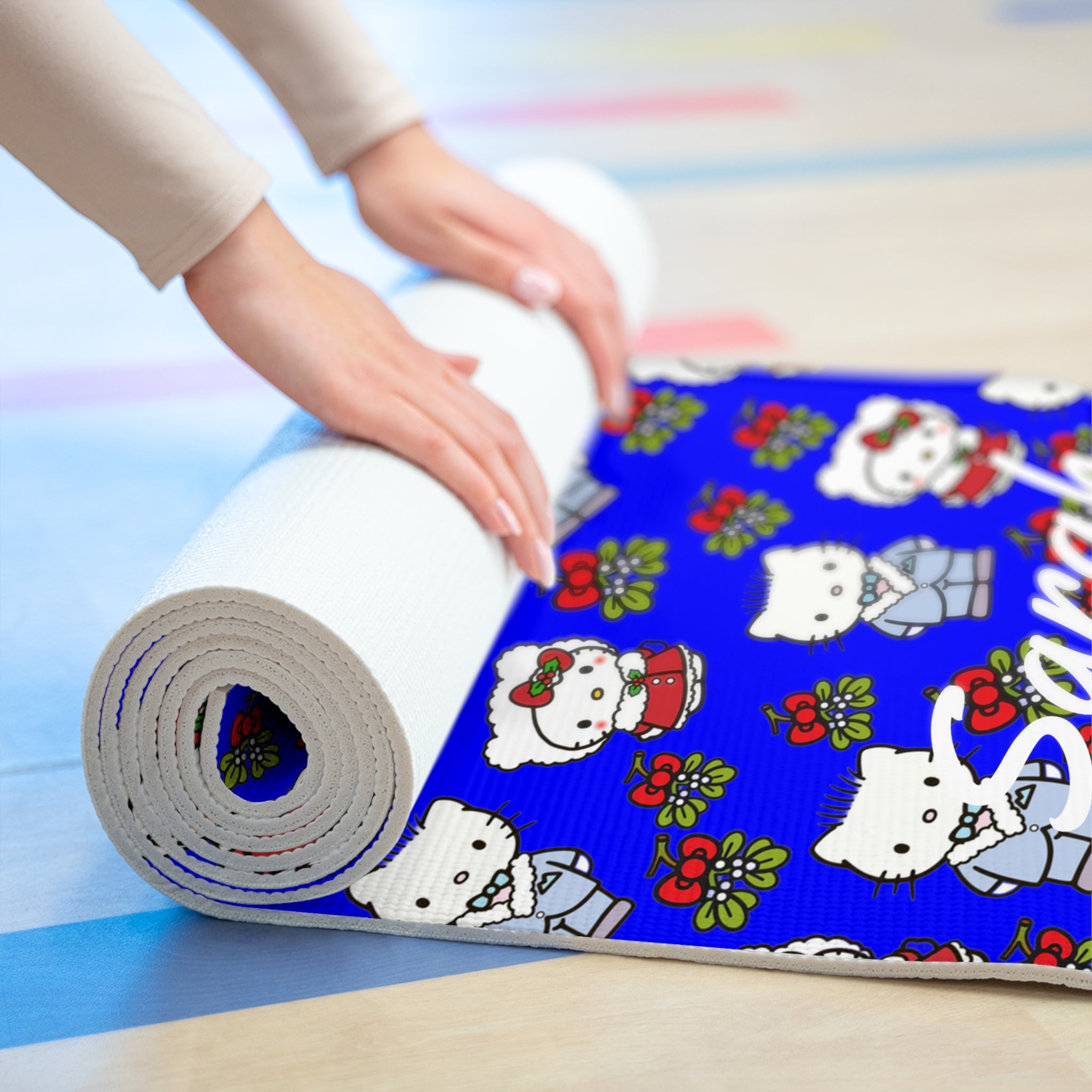 Custom name foam yoga mat kitty wedding valentine blue