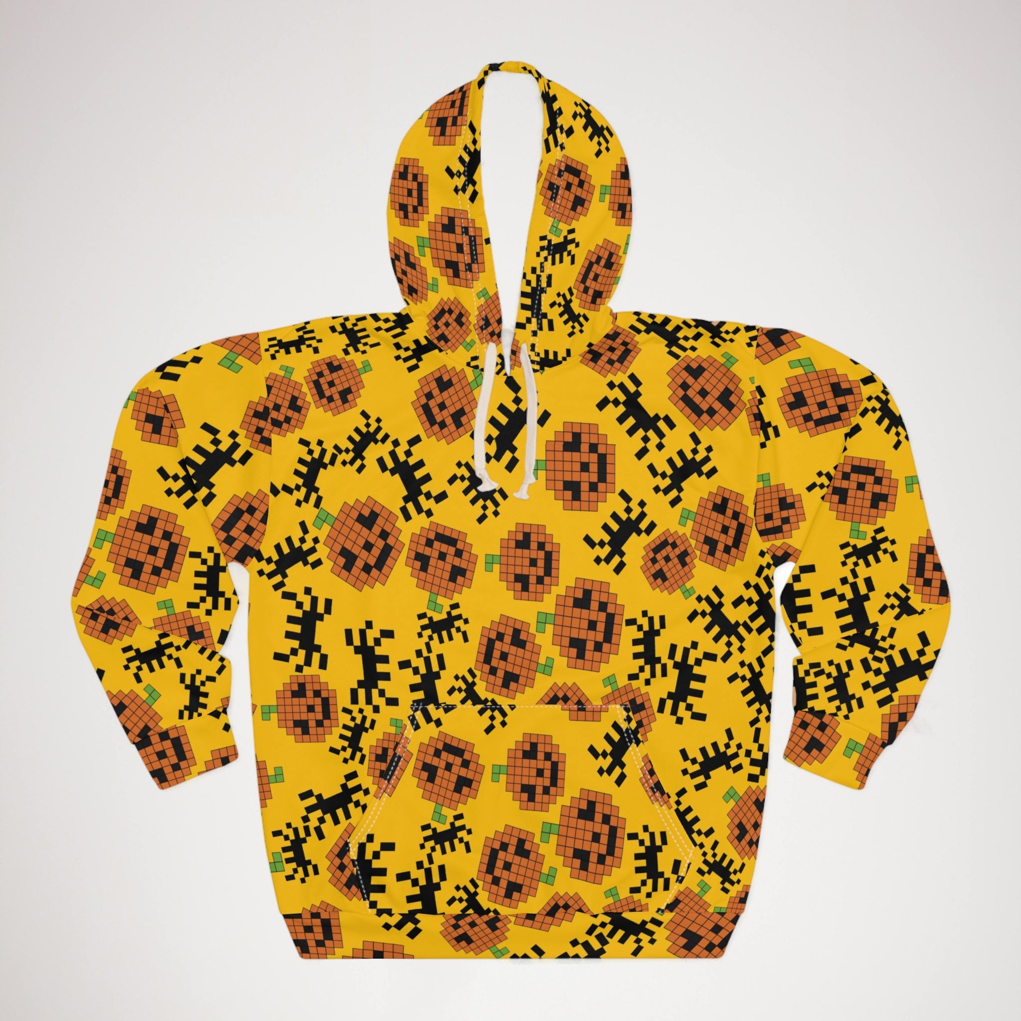 Unisex pullover hoodie pumpkin spider pixel halloween yellow