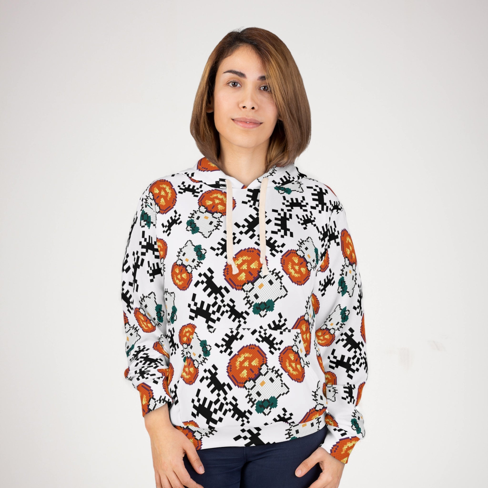 Unisex pullover hoodie kitty pumpkin Halloween pixel spider white