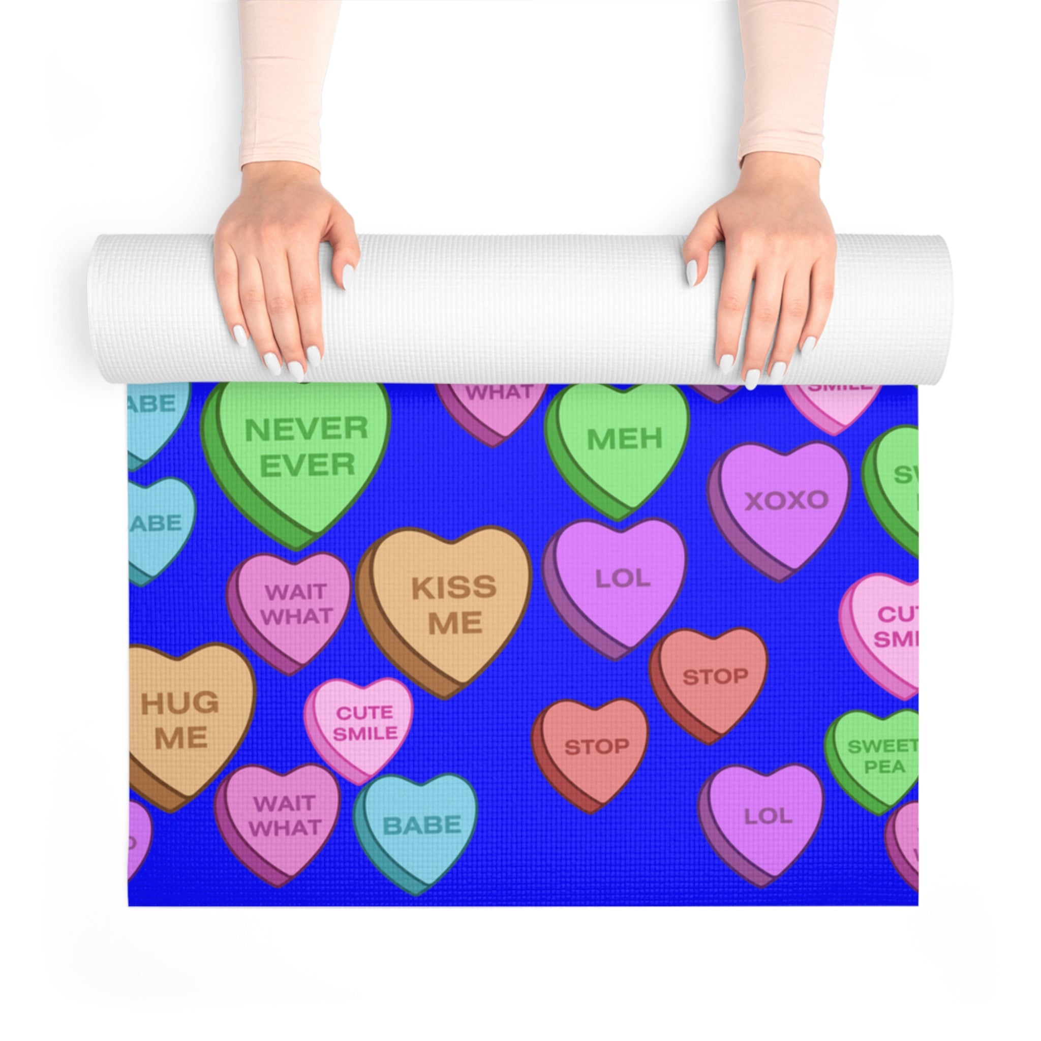 Foam yoga mat candy heart sweet valentine message blue