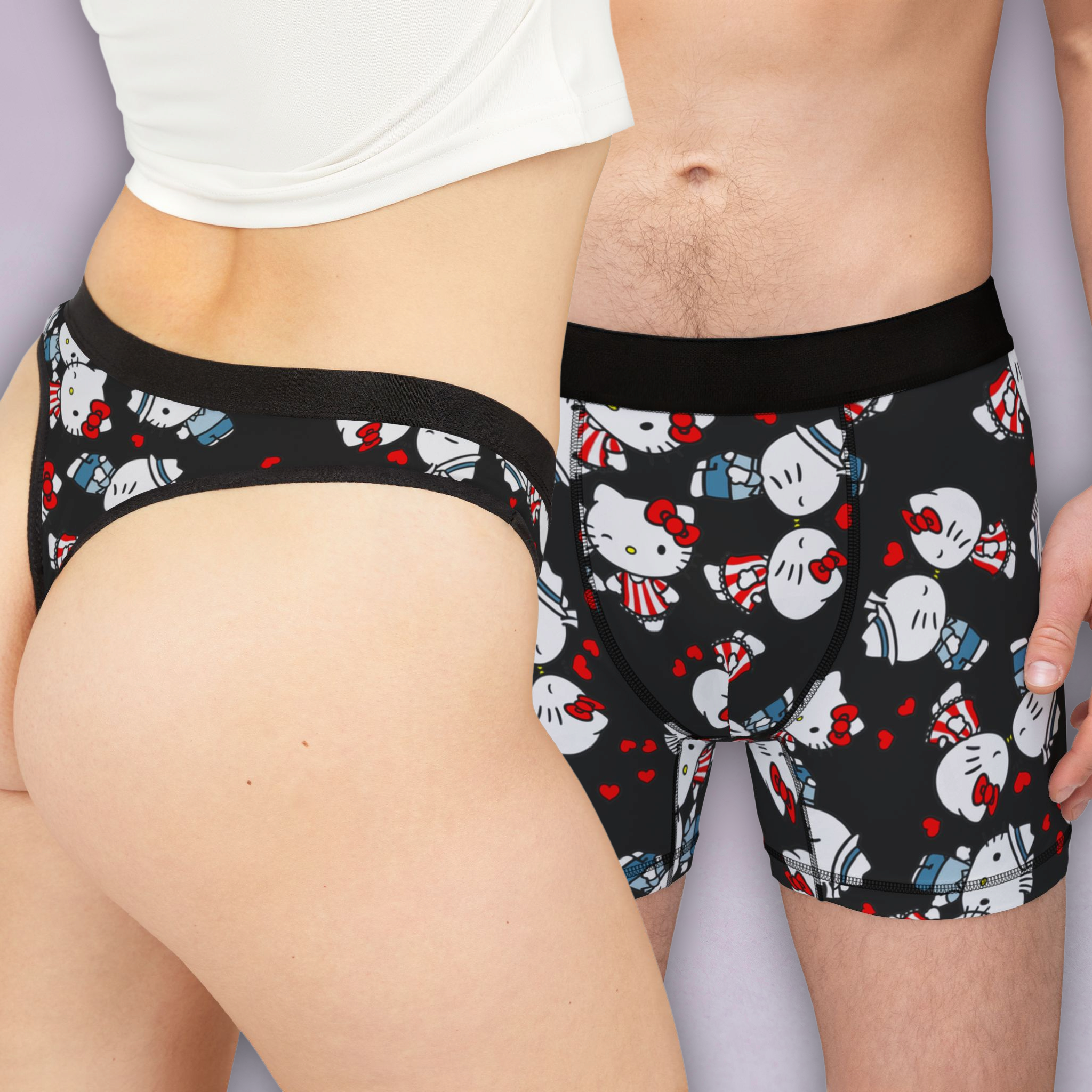 Couples matching  kitty kiss wedding underwear set boxer and thong