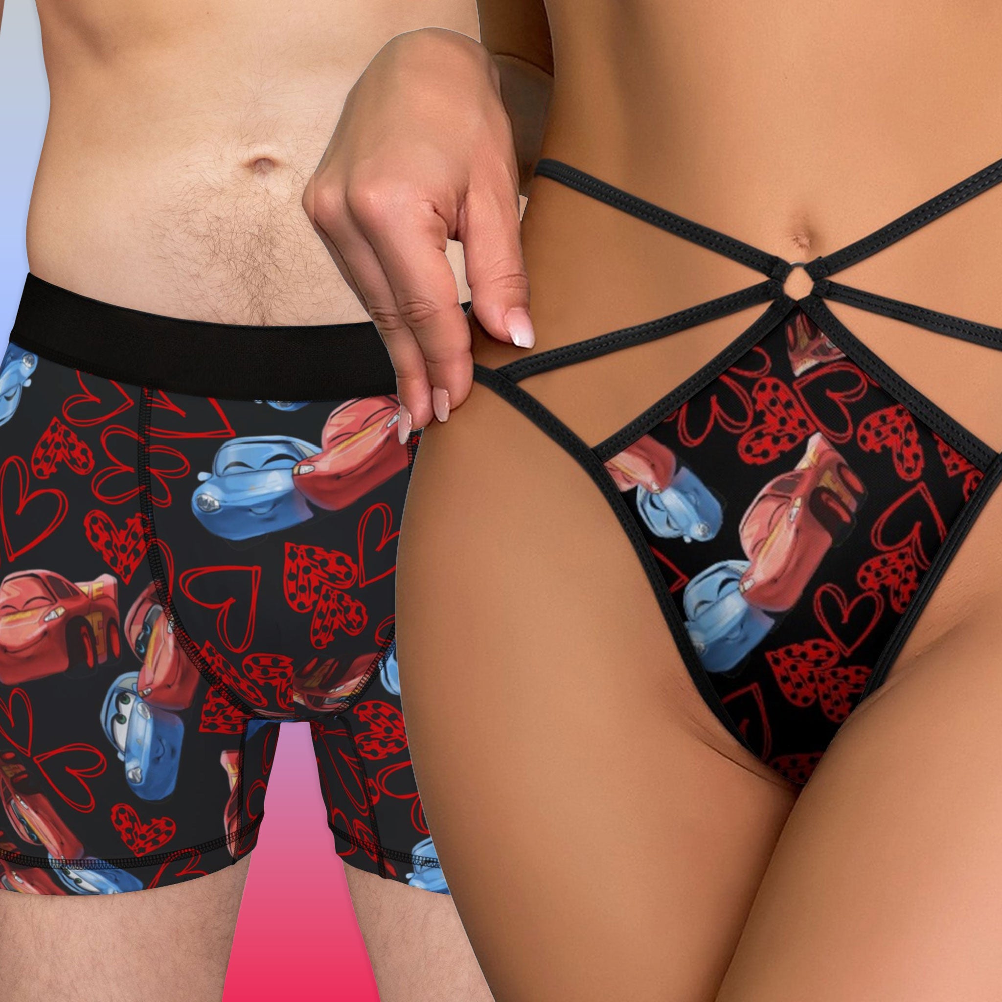 Couples matching mcqueen couples hearts underwear, boxer & t-back thong