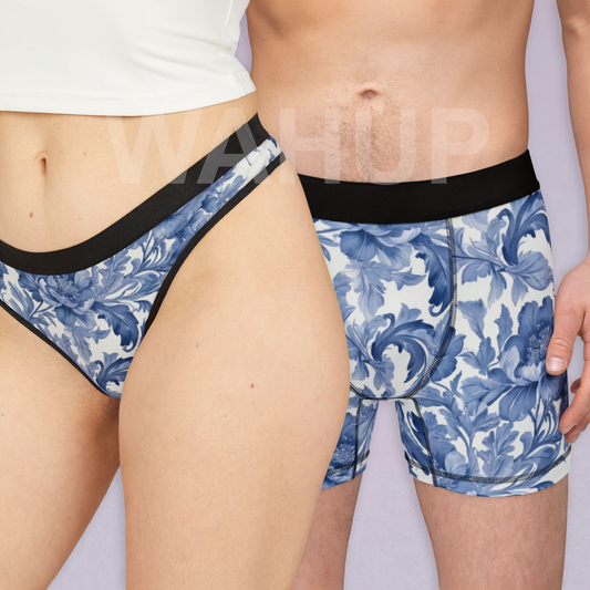 Matching underwear Blue French Toile for couples boxer & thong set