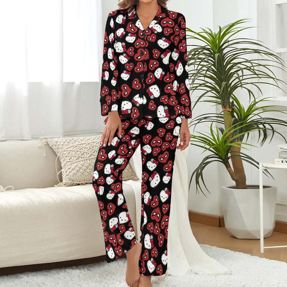 Women's Pajama Set spider kitty double hearts black