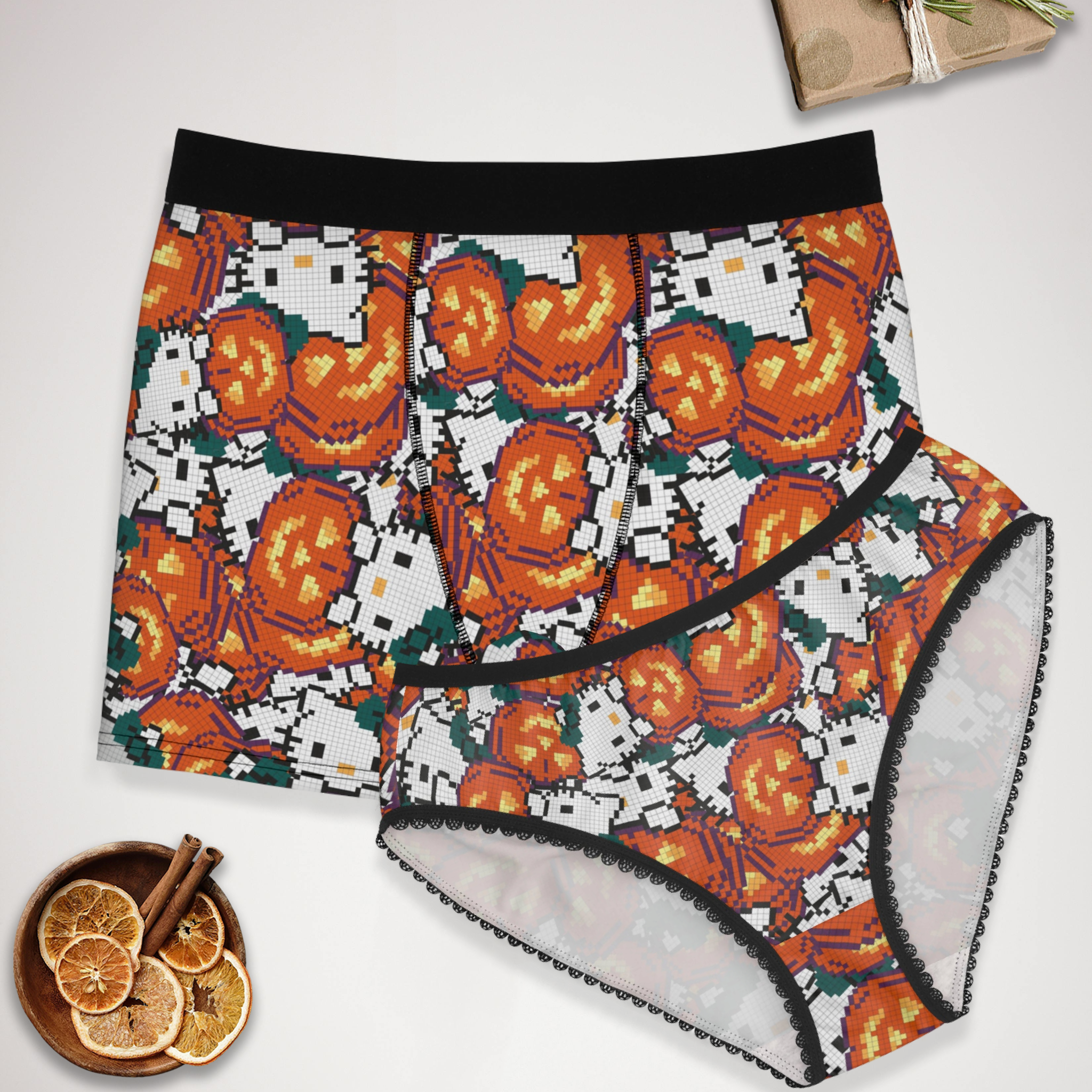 Couples matching kitty pumpkin Halloween pixel underwear set boxer & briefs