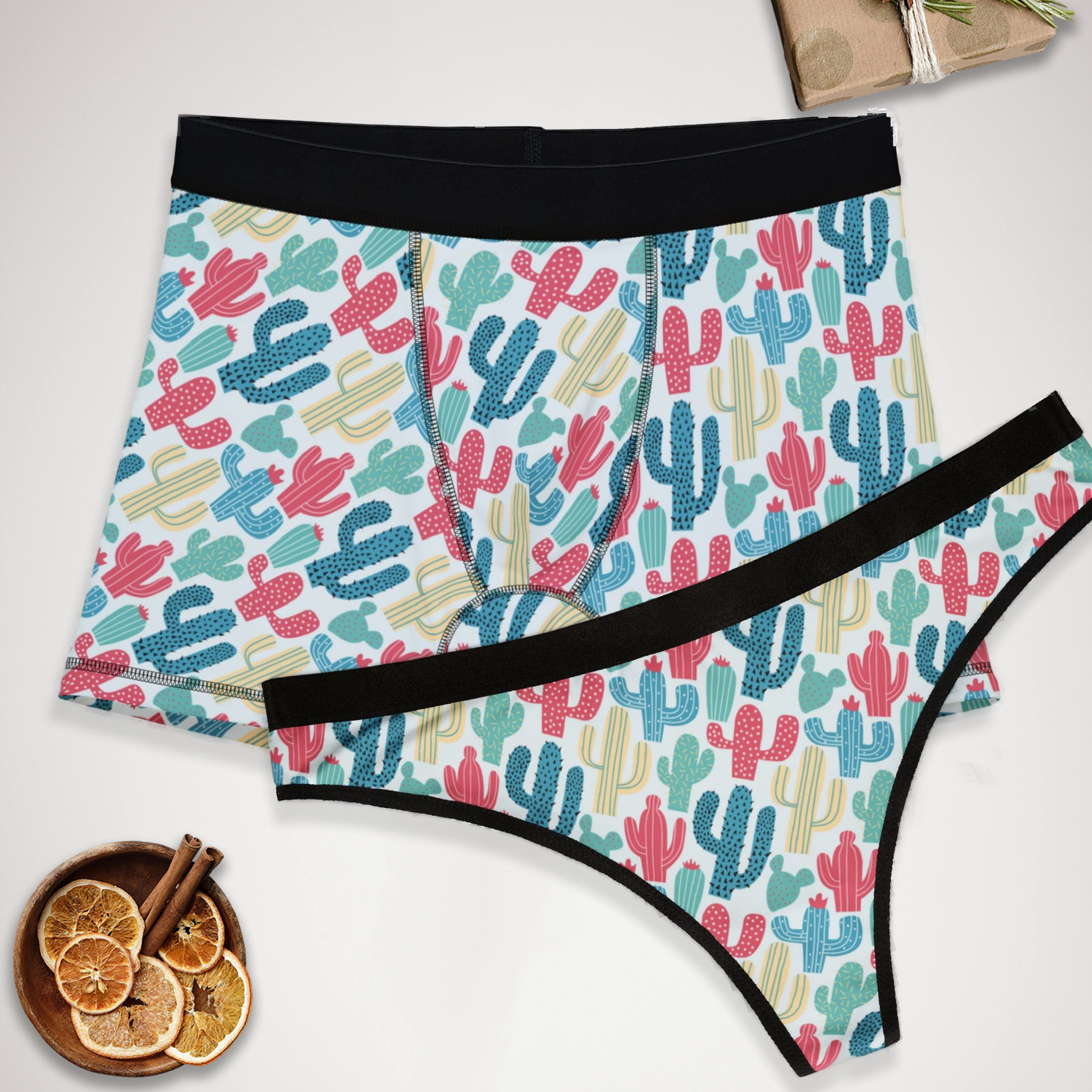 Matching underwear Cactus Colorful Doodle for couples boxer & thong set