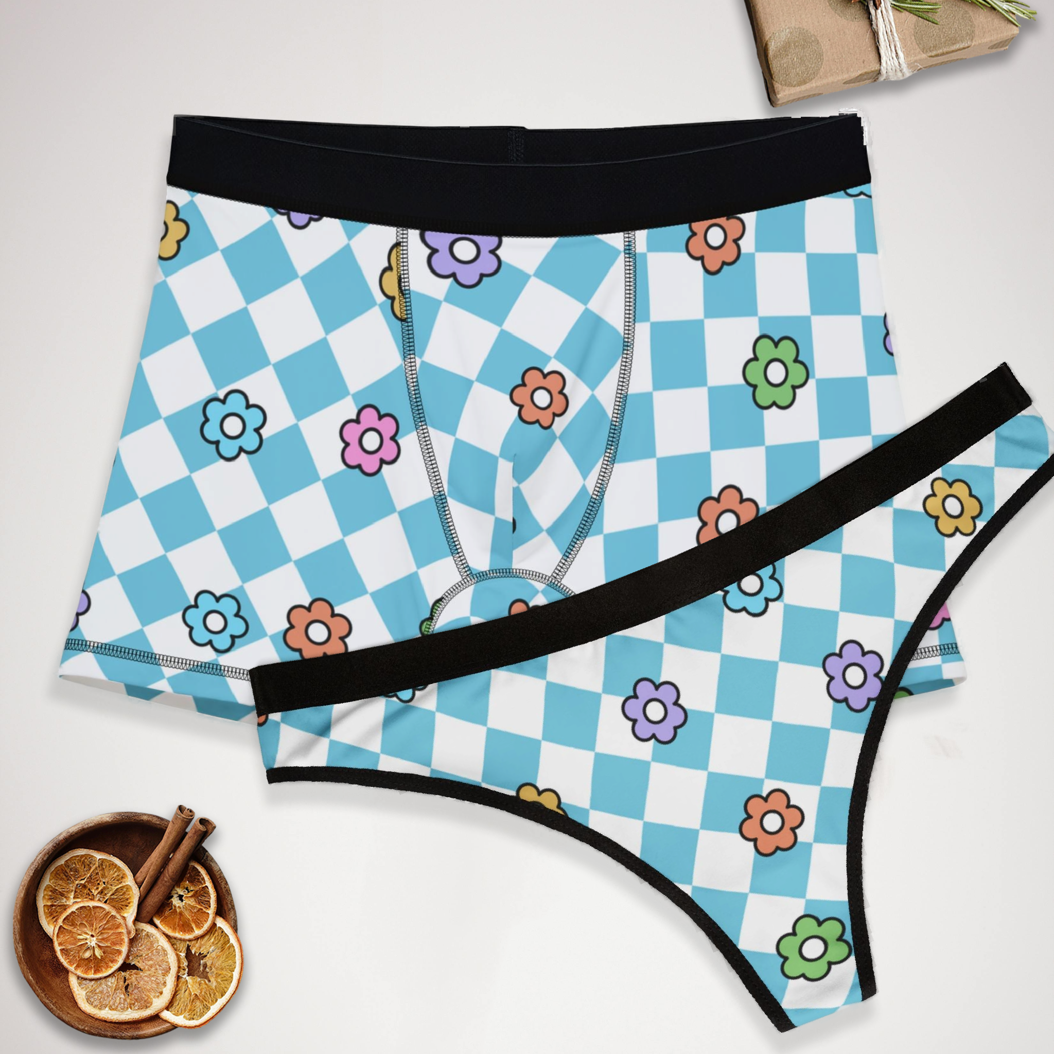 Matching underwear Spring Flower Checkered for couples boxer & thong set